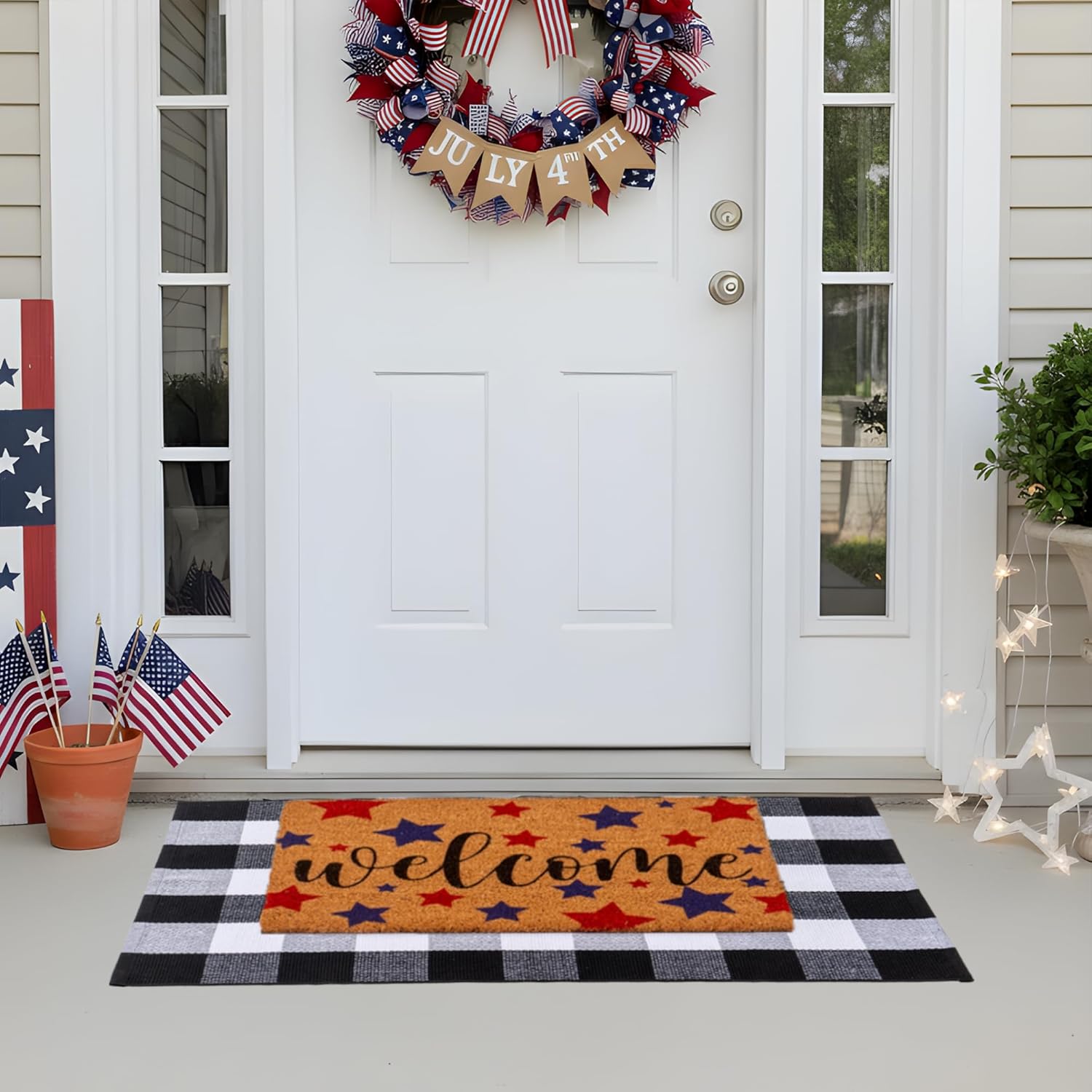 2 PCS Patriotic Door Mat Independence Day Natural Coir Welcome Doormats with Layered Buffalo Plaid National Day Front Door Rugs for Entrance Porch Outdoors Decor