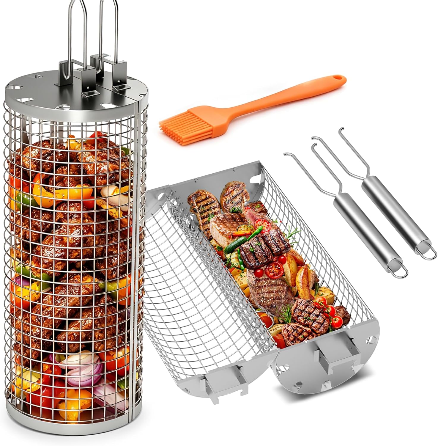 JUAUO 2-Stück Grillzubehör, Seitlicher Öffnung Zylindrischer Rotierender Grillkorb Set mit Edelstahl Griff, Praktisches Geschenke für Grillliebhaber, für Gemüse, Fleisch, Meeresfrüchte am Außengrill