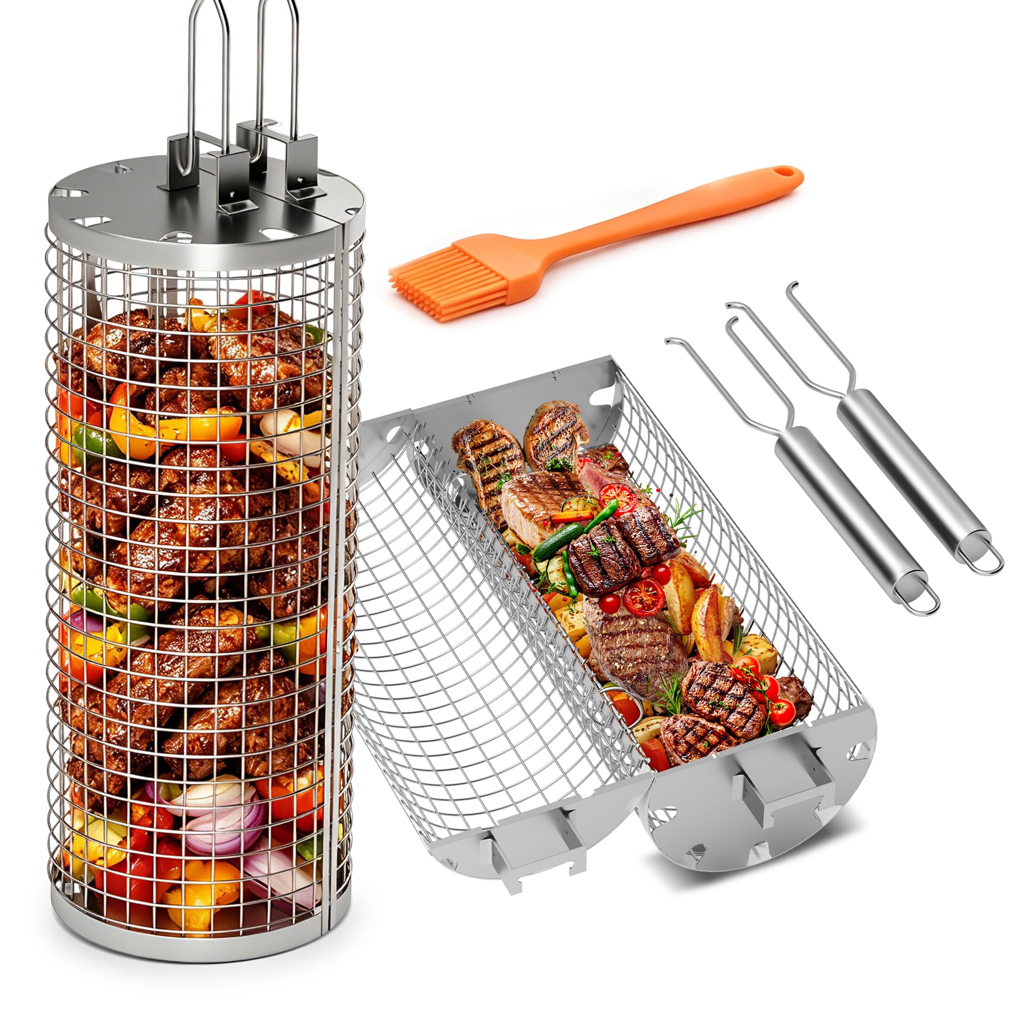 2 x Paniers de Gril en Acier Inoxydable de Rôtisserie, Accessoires de Barbecue avec Ouverture Latérale et Poignée Amovible, BBQ Légumes et les Petits Aliments, Cadeaux de Barbecue pour Hommes