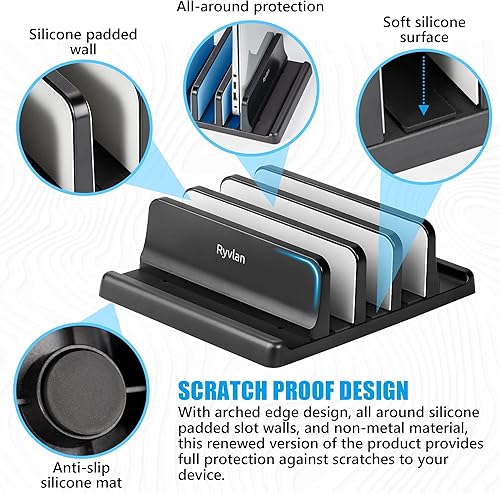 Miniatura 5 de Soporte vertical para laptop, almacenamiento ajustable de 2 ranuras para laptop con acolchado de goma, soporte múltiple para computadora portátil