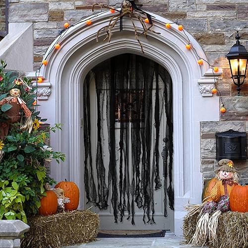 Miniatura 7 de Watayo 3 cortinas negras de Halloween para puerta, 65 x 39 pulgadas, gasa espeluznante para decoración de cortinas de puerta, tela espeluznante