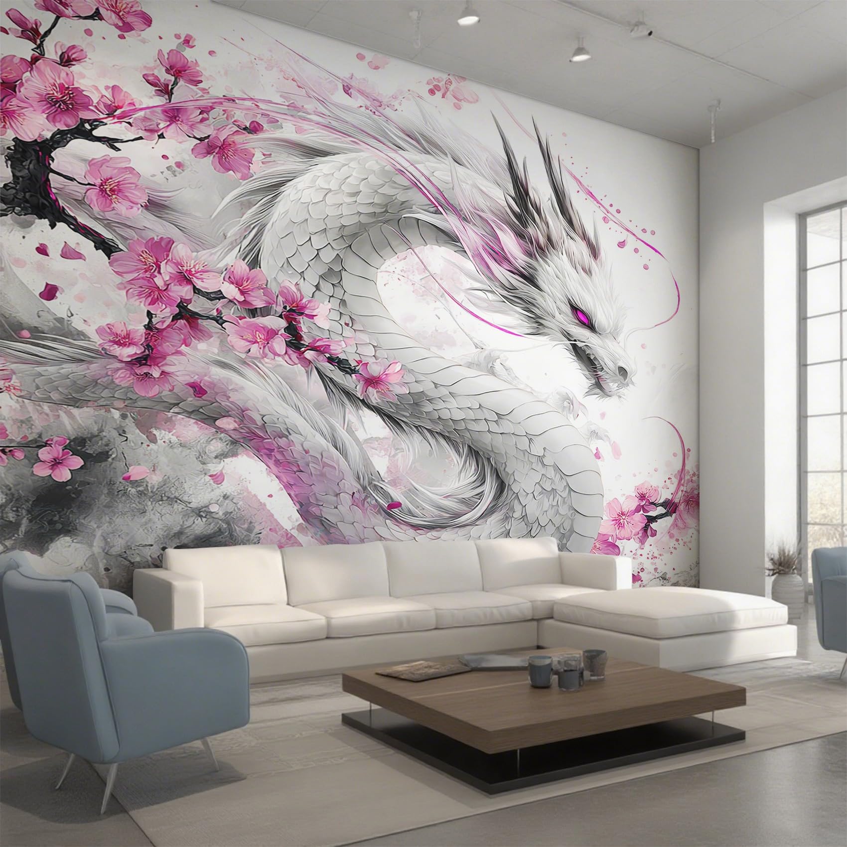 Générique Papier Peint Dragon Japonais Panoramique 310 x 250 cm, Papier Peint Intissé Fleur de Cerisier Animaux Fantastique Décoration Murale, Papiers Peints pour Salon Chambre saf-4