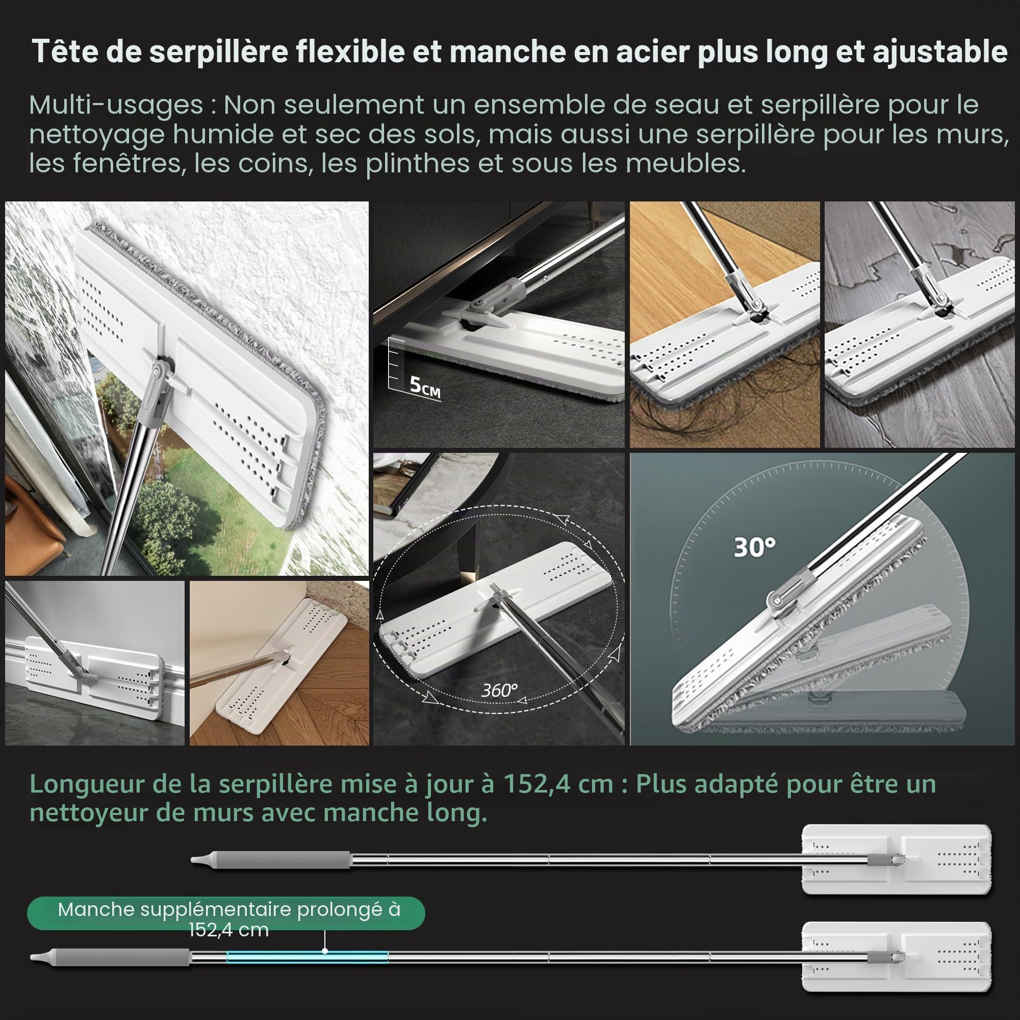 JOYMOOP – Serpillère Plate avec lingette en Microfibre et Seau avec essoreur, avec Long Manche, Utilisation Humide ou sèche, Nettoyage du Sol