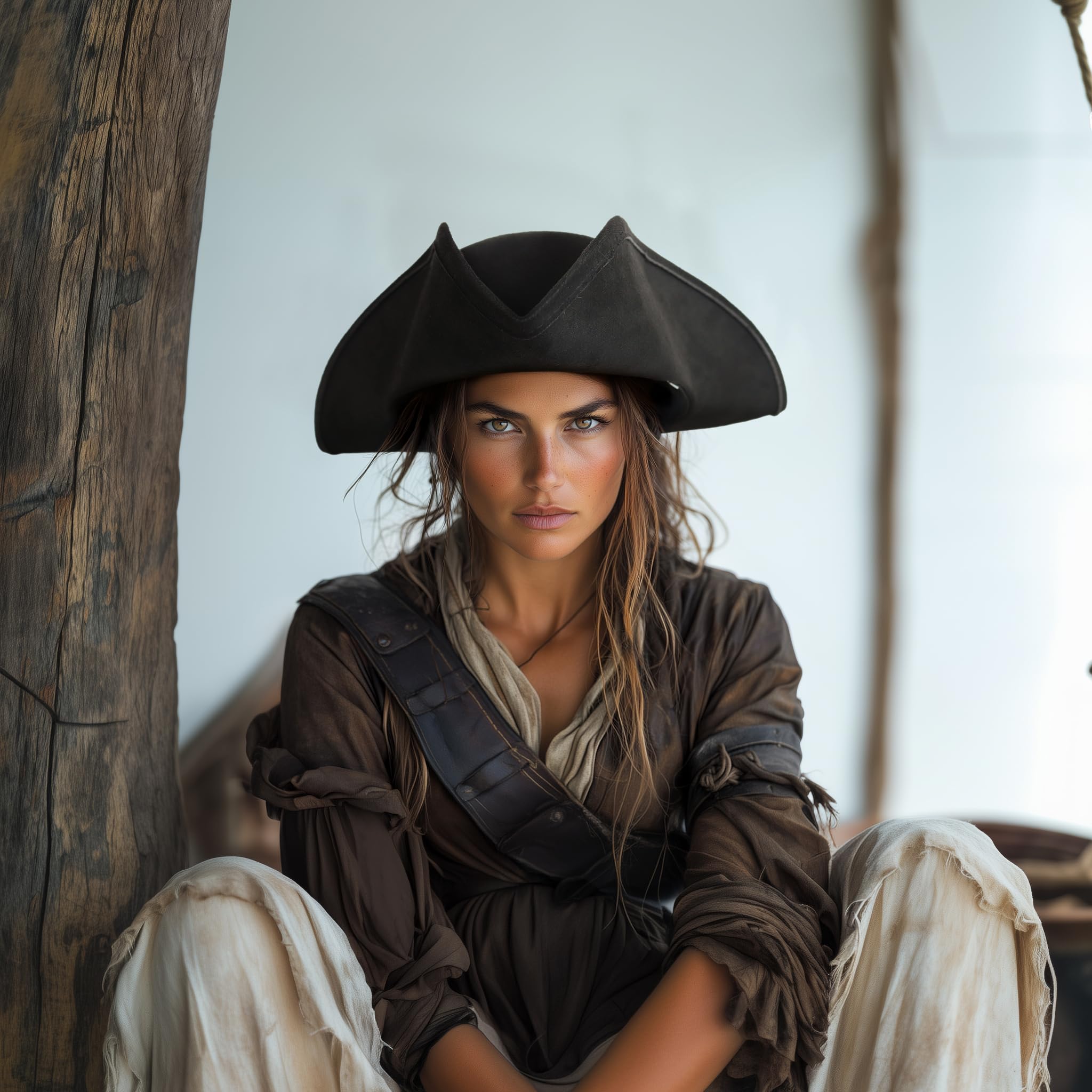 UQJE Authentischer Piratenhut für Damen, Erwachsenen-Leder-Dreihornhut, Halloween, Kolonial-Kostüm-Zubehör