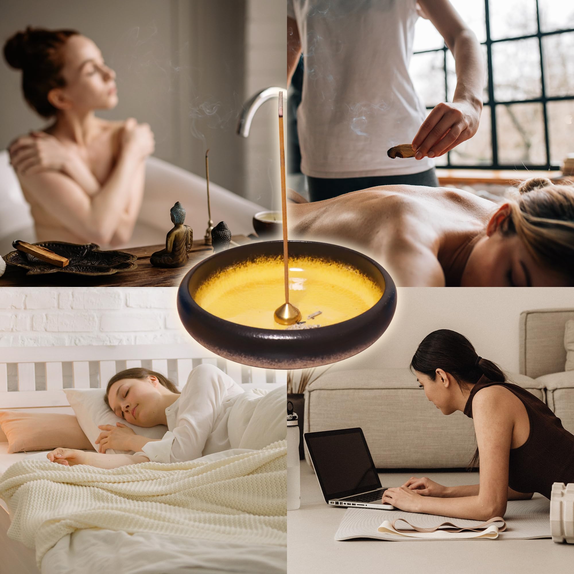 Porta Incenso In Ceramica Mino-Yaki 3 In 1 - Ciotola Con Supporti In Ottone Rimovibili Per Bastoncini, Palo Santo E Salvia Bianca - Colore Blu, Trama Ghiaccio, Fatto A Mano