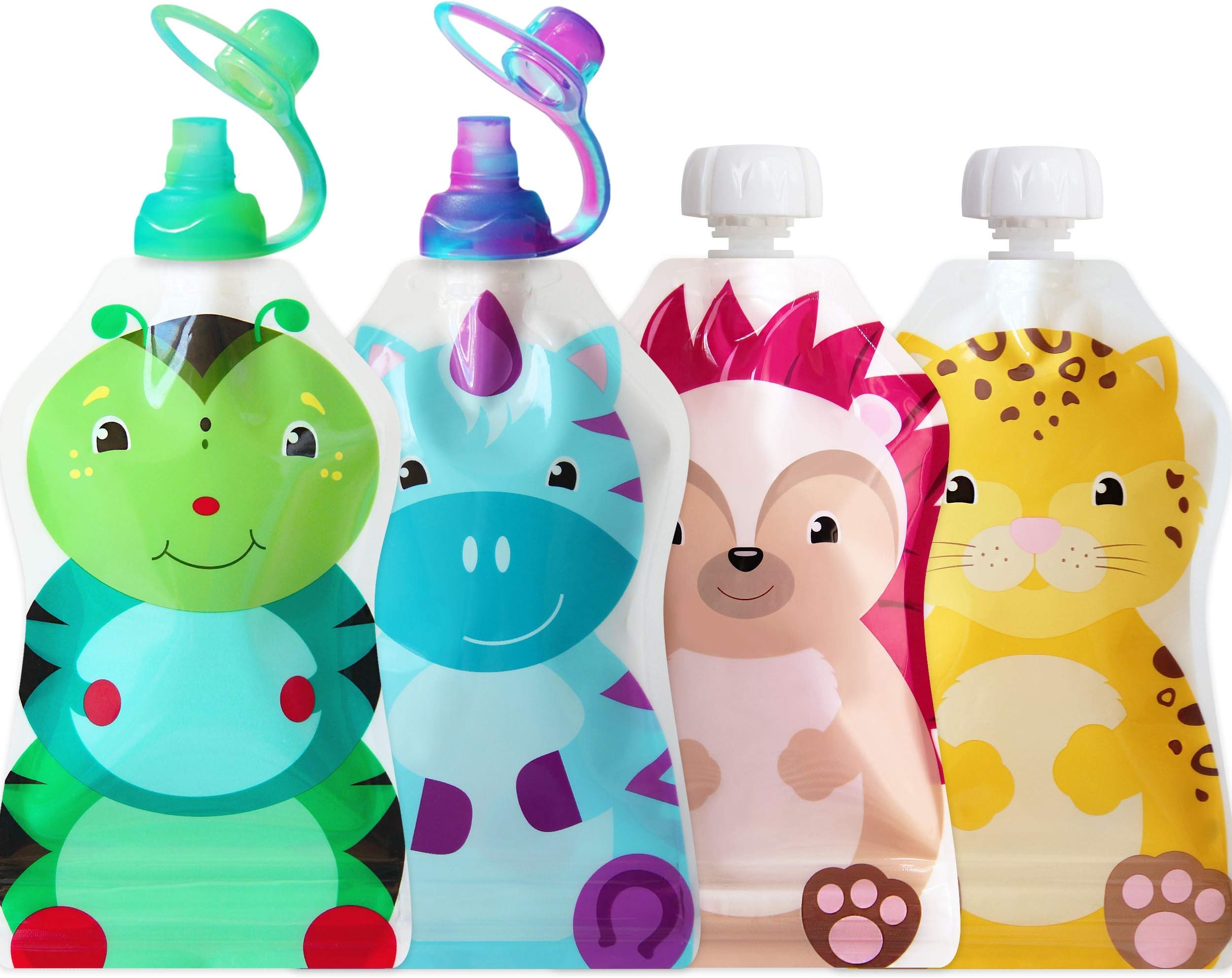 Reusable Baby Food Pouch Starter Set, SnakPack | 4 CT, 5 oz | Includes SoftSip Pouch Tops, 2CT, Green Purple