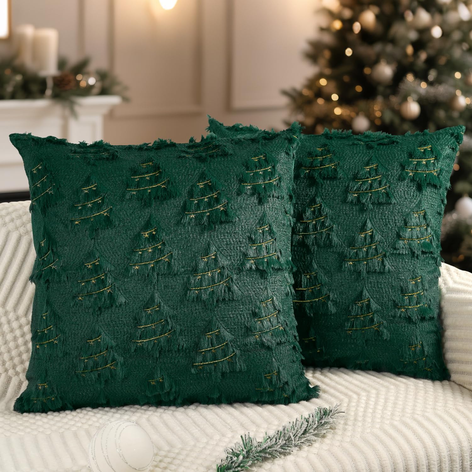 Miaikoe Christmas Cushion Covers 40x40 cm Set of 2 Decorative Throw Pillow Case Soft Plush Faux Fur Xmas Tree Gold Lines for Holiday Winter Living Room Sofa Dark Green