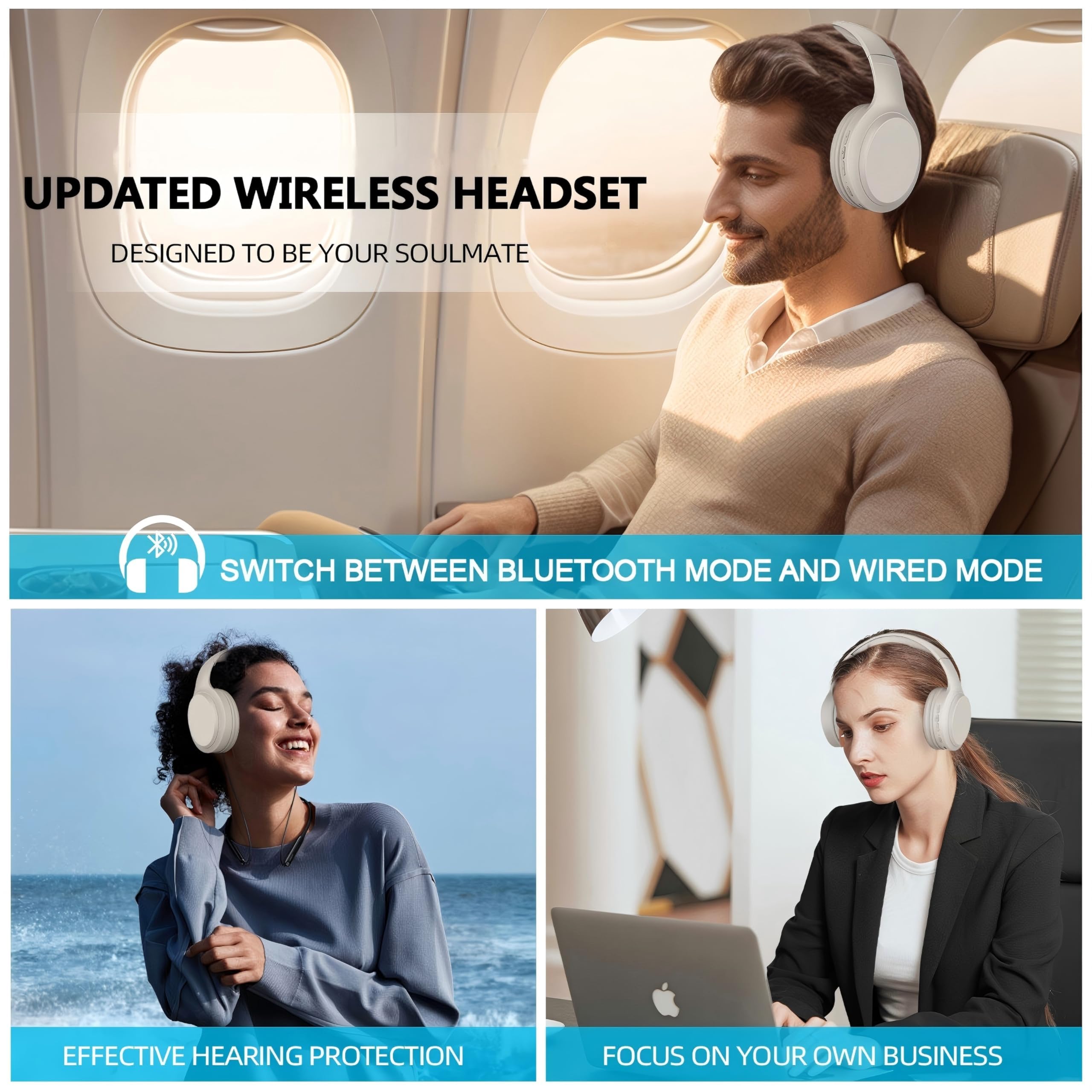5.3 Casque sans fil Bluetooth avec microphone intégré, autonomie de 82 heures, prise en charge de l'audio haute résolution, coussinets confortables, pliables et respirants, compatible avec les télépho