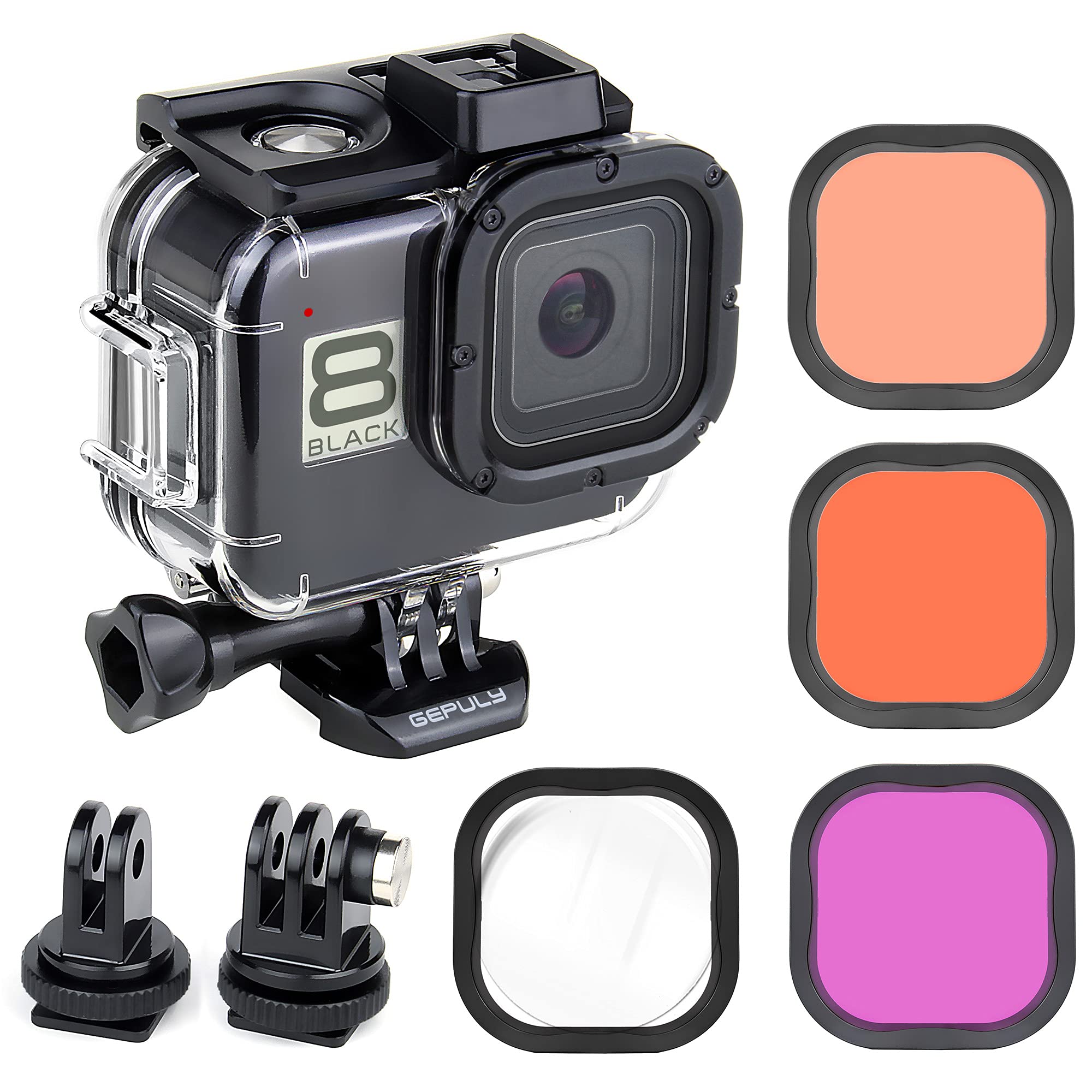 GEPULY Custodia impermeabile per GoPro Hero 8 nero con 4 filtri subacquei, custodia subacquea da 60 m, con filtri rossi, snorkeling, magenta, Close-up per GoPro Hero 8 fotocamera nera