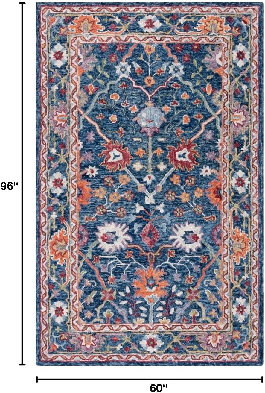 SAFAVIEH Blossom Collection Area Rug - 5' x 8', Blue & Red, Handmade French Country Floral Wool, Ideal for High Traffic Areas in Living Room, Bedroom (BLM686M)