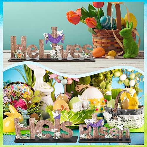 Miniatura 7 de 3 piezas de decoración de mesa de Pascua con texto en inglés He Is Risen de madera con texto en inglés He is Risen religioso Jesús Él vive