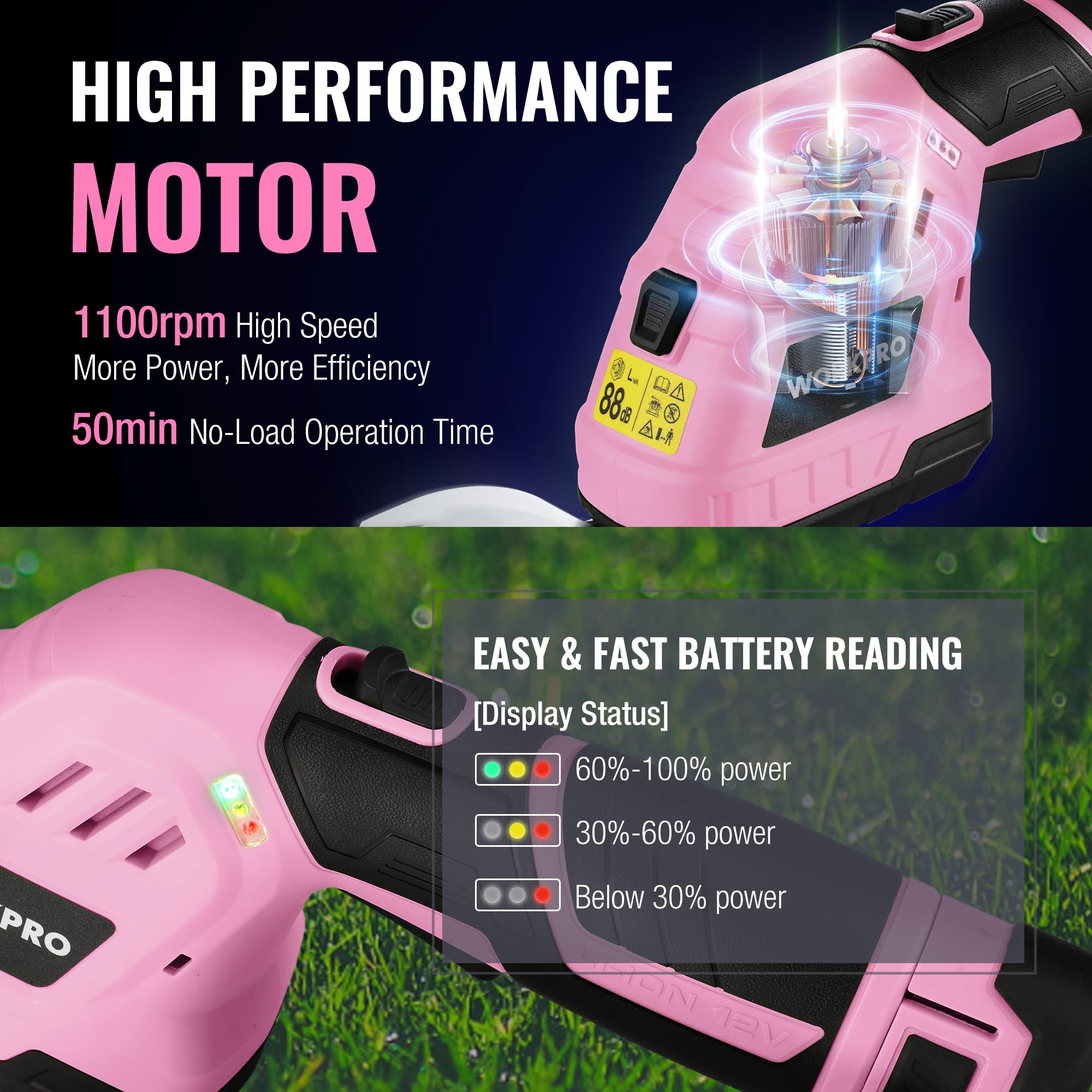 WORKPRO Cisaille Sculpte-Haie Electrique, Taille-Herbes sans Fil 12V | Cisaille à Gazon Batterie 2000mAh avec 2 Lames, Taille Haie Léger pour Coupe, Elagage, Noir & Rose