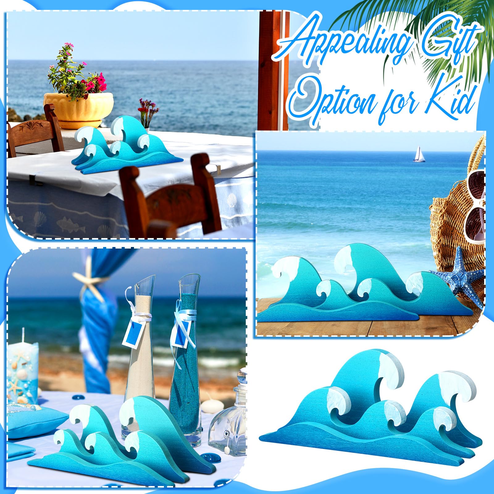 RattanView Letrero de madera con olas del océano, decoración de mesa, mesa de verano, decoración del hogar, centro de mesa, bloque de ondas para regalos de vacaciones, decoraciones de olas para