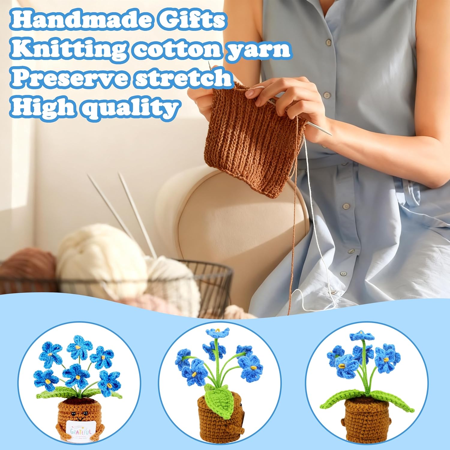 LAIDANLA Crochet Flowers for Women Small Handmade Blue Forget Me Not Graduation Friendship Cute Thank You Birthday Gifts for Mom Teachers Coworkers Best Friend - Image 4