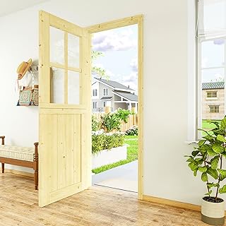 32 in x 80 in Exterior Dutch Door (Front/Back) - 1.75" Thick Solid Pine Interior Door, 4 Lite Clear Glass with Half Panel, Slab (Coffee Room/Kitchen/Entryway) w/4 Hinges + Latch + Slab
