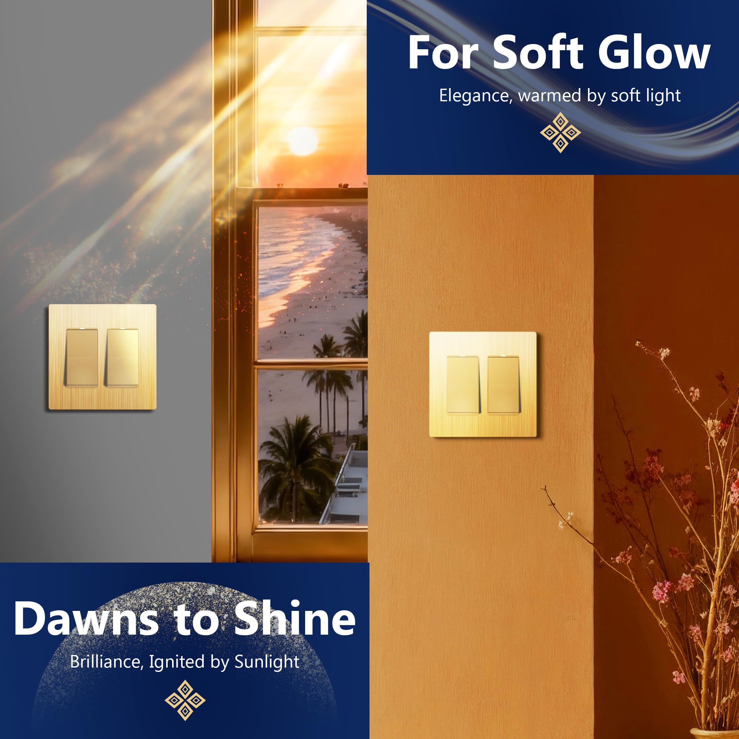 LIDER Brushed Finish Decorator Switch Cover, Screwless Wall Plate, Mid-Size 2-Gang 4.88" x 4.92", Unbreakable Polycarbonate Thermoplastic, UL Listed, LSWP-32M-BGD, Brushed Gold — view 6