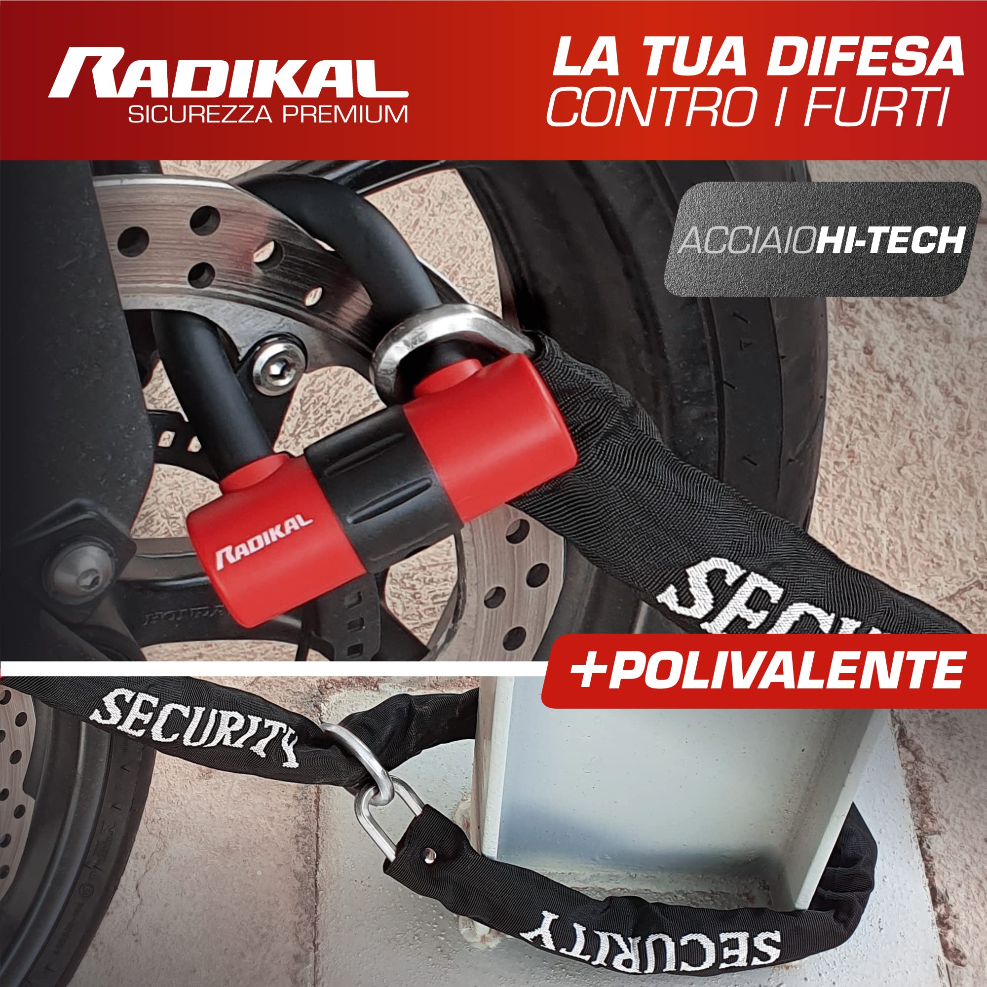 Radikal RK72120L Antifurto Moto Doppia Funzione 2 in 1 Catena Sistema ad Anello 120 cm e Mini U 14mm blocca Disco