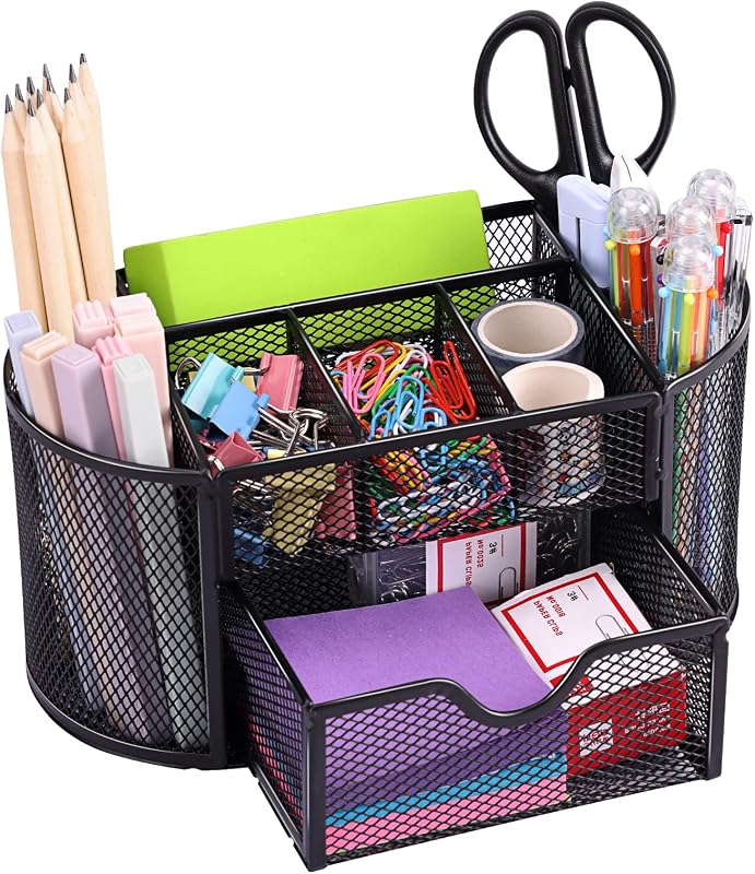 EOOUT Desk Organizer Black Mesh Pencil Holder 8 Compartments 1 Drawer