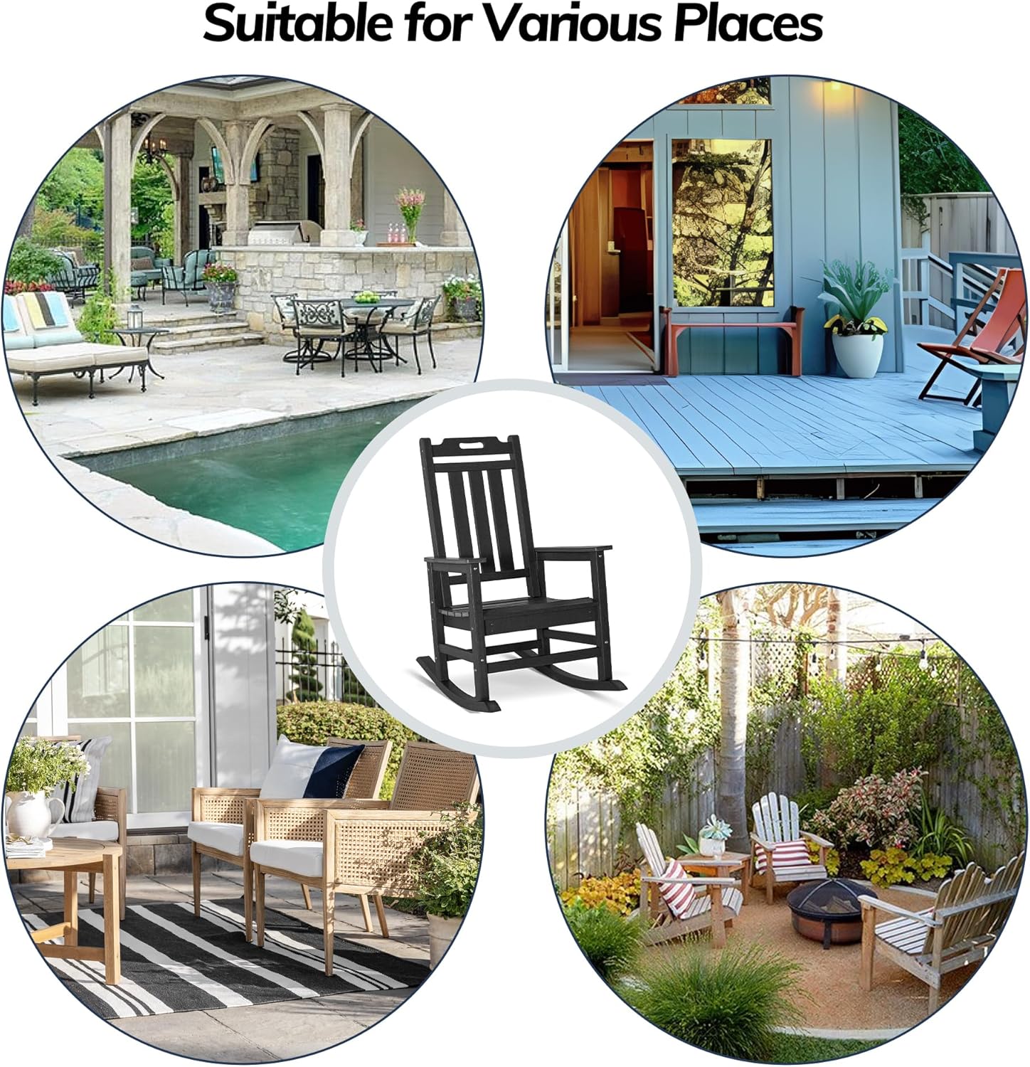 Outdoor Rocking Chairs, HDPE Oversized Patio Porch Rocker with 380lbs Weight Capacity, All-Weather Indoor Outdoor Rocking Seat for Deck Lawn Yard (Black)