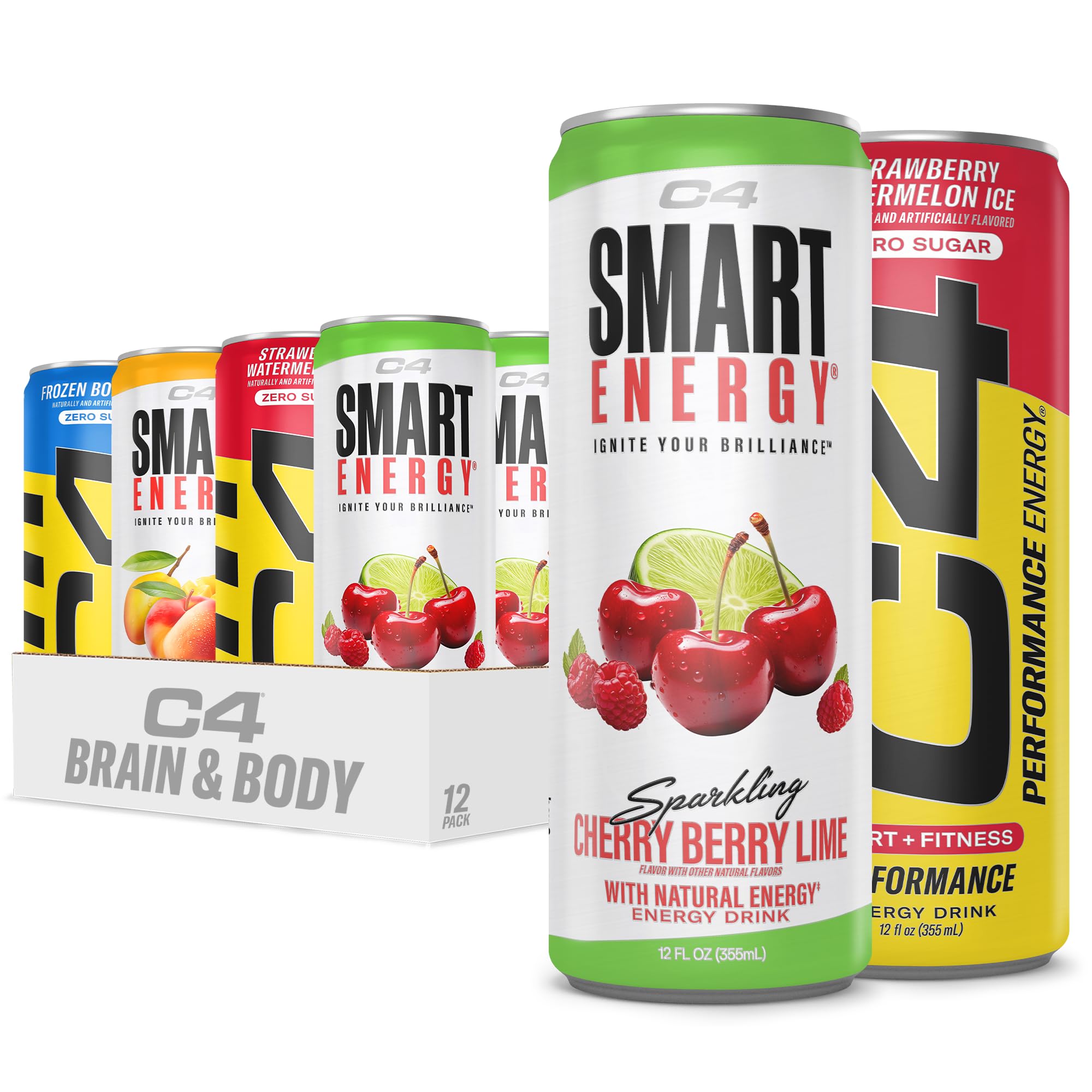 C4 Performance & Smart Energy Drink Official Variety Pack | Zero Sugar Carbonated Preworkout Energy | 150+200mg Caffeine with Beta Alanine | 4 Flavors | 12 Fl Oz (12 Pack)