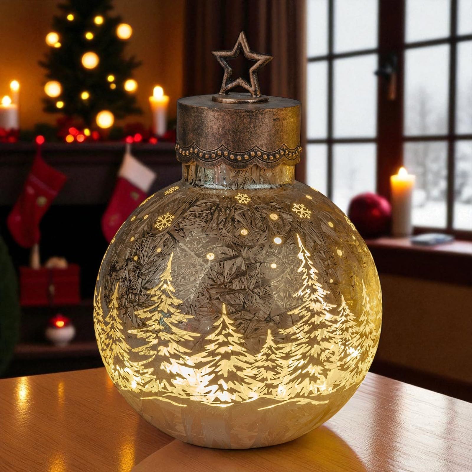 formano LED Deko-Kugel Frosty Gold 30 cm Glaskugel in Ice-Optik Timer 6h / 18h beleuchtet - Batteriebetrieben - Herbst Winter Weihnachtsdeko für Tisch Regal Fensterbank