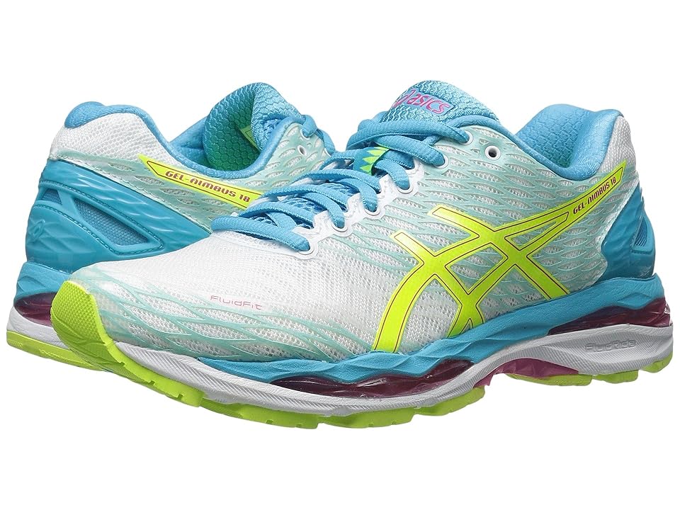 

ASICS Gel-Nimbus(r) 18 (White/Safety Yellow/Aquarium) Women's Running Shoes