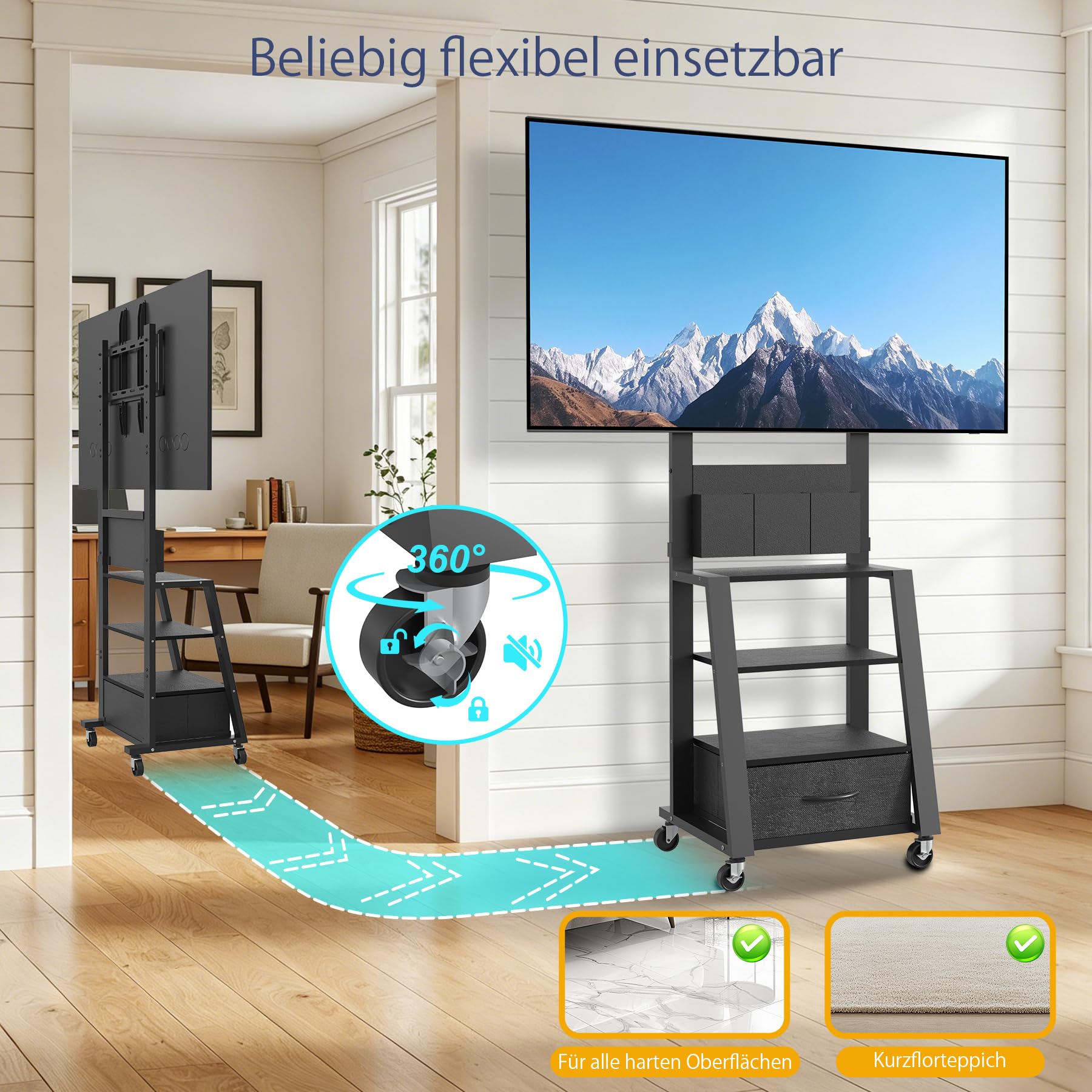 Rollbarer TV-Ständer mit Schublade & 3 Ablageflächen für 23"-60" Flach/Curved TV bis 723kg (LCD/LED/OLED), Chariot de TV Mobile, für Zuhause, Büro und Außenbereich, max VESA 400x400 mm, Schwarz