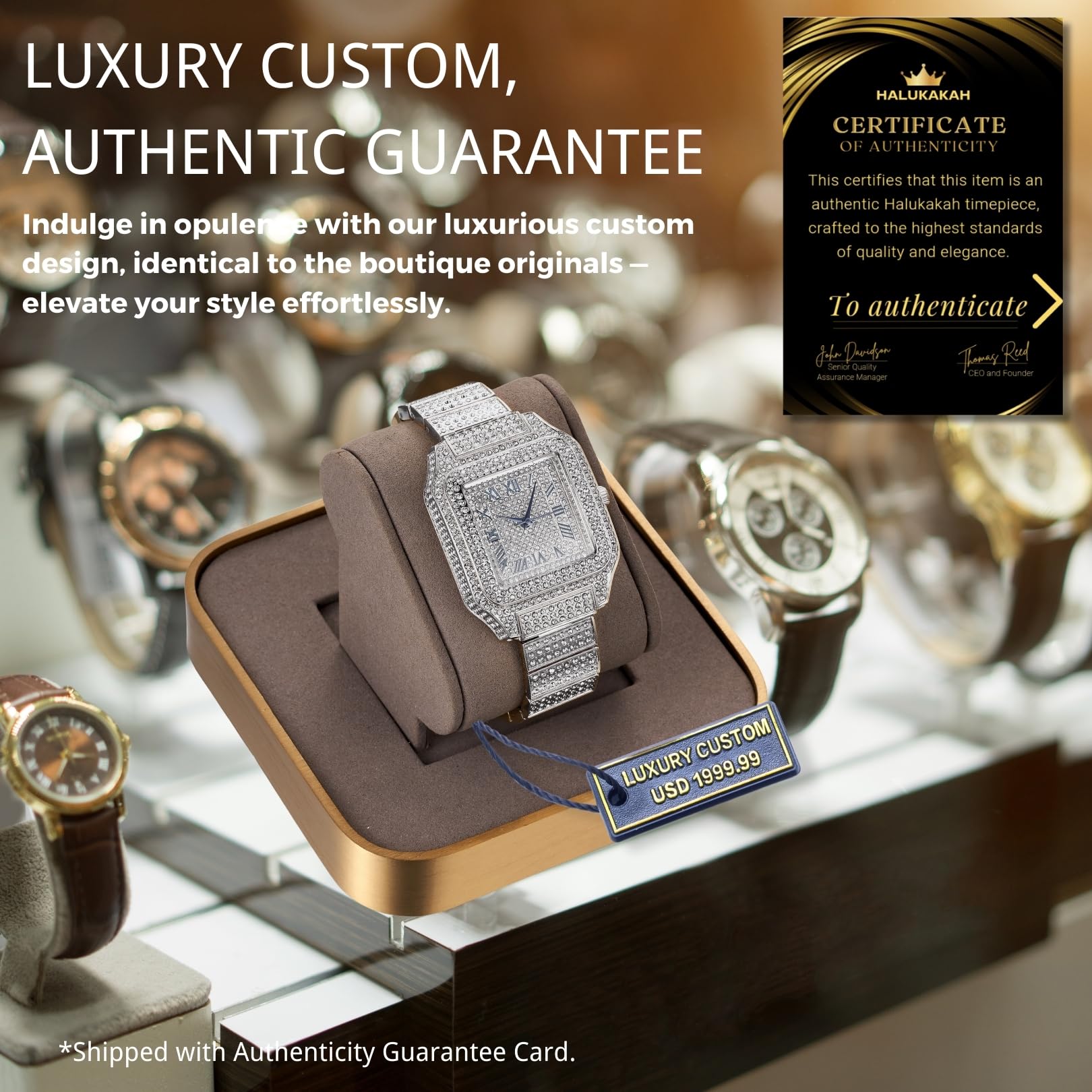 Halukakah Herrenuhr – Moissanit Diamant Iced Out – Luxus 18K Echtgold/Platin-Weißgold Plattiert, 40MM Eckiges Zifferblatt mit Römischen Zahlen, Massiv Gefertigt, 20,5cm Armband – Kommt mit Geschenkbox