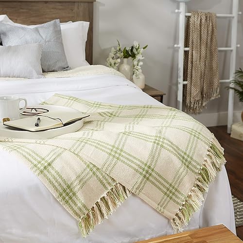Miniatura 4 de DII Modern Farmhouse Plaid Collection - Manta de algodón con flecos, 50 x 60 pulgadas, color blancoverde antiguo