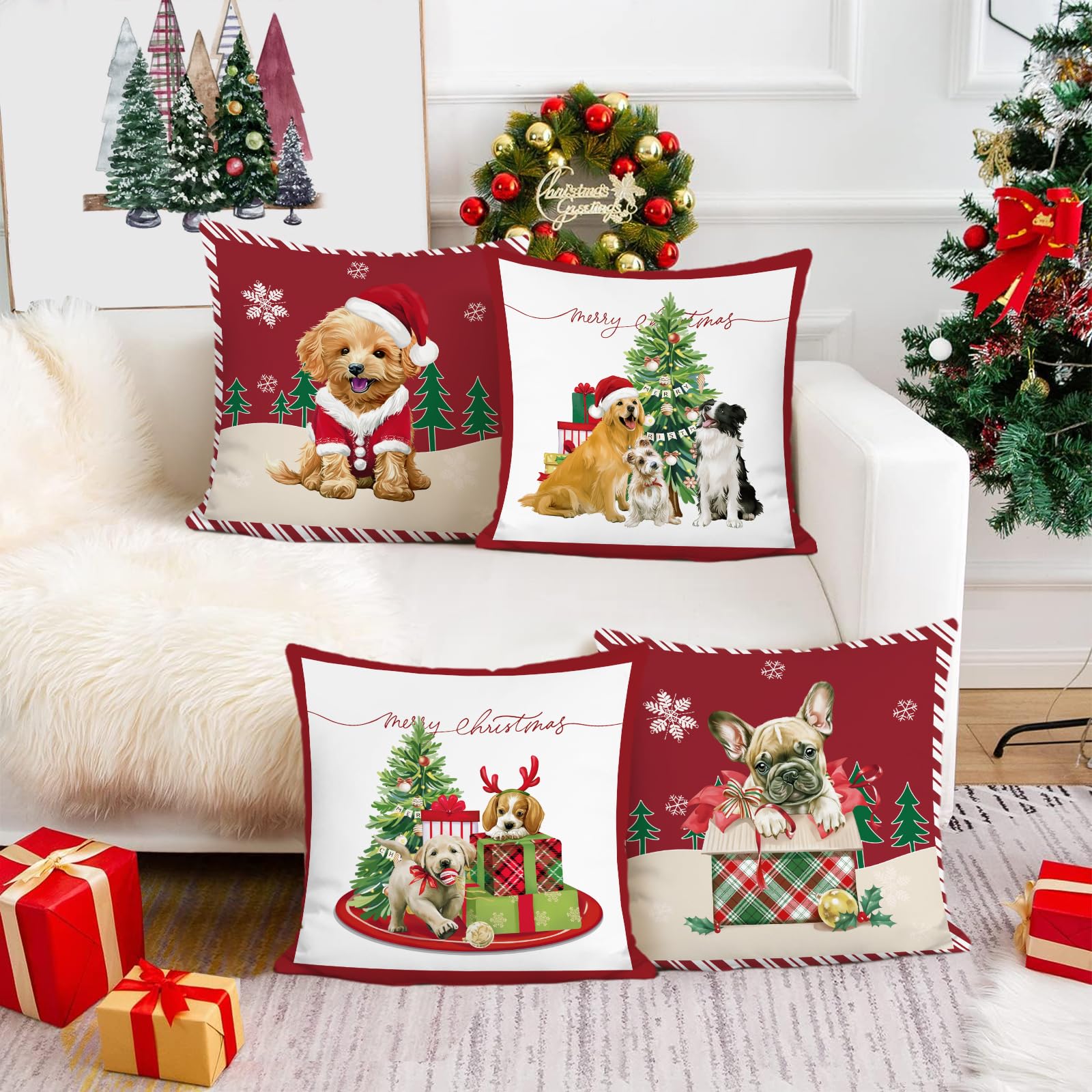 Bonhause Christmas Dog Cushion Covers 45 x 45 cm Xmas Lovely Pet Dog Red Decorative Throw Pillow Covers Soft Velvet Pillowcases for Sofa Bed Winter Holiday Decor Set of 4 - Image 2