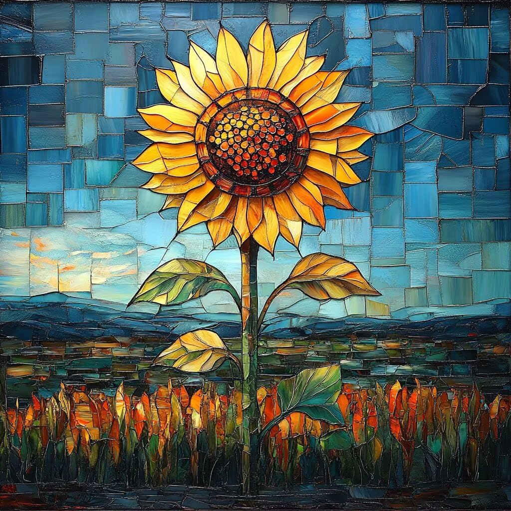 5D Pintura Diamante Kit Girasol, Diamond Painting Vidrio, Diamond Painting Adultos Niños, Cuadros de Diamantes Kit Completo, Artesanías Bordado Decoración de la Pared Del Hogar 70x70 cm V-1086