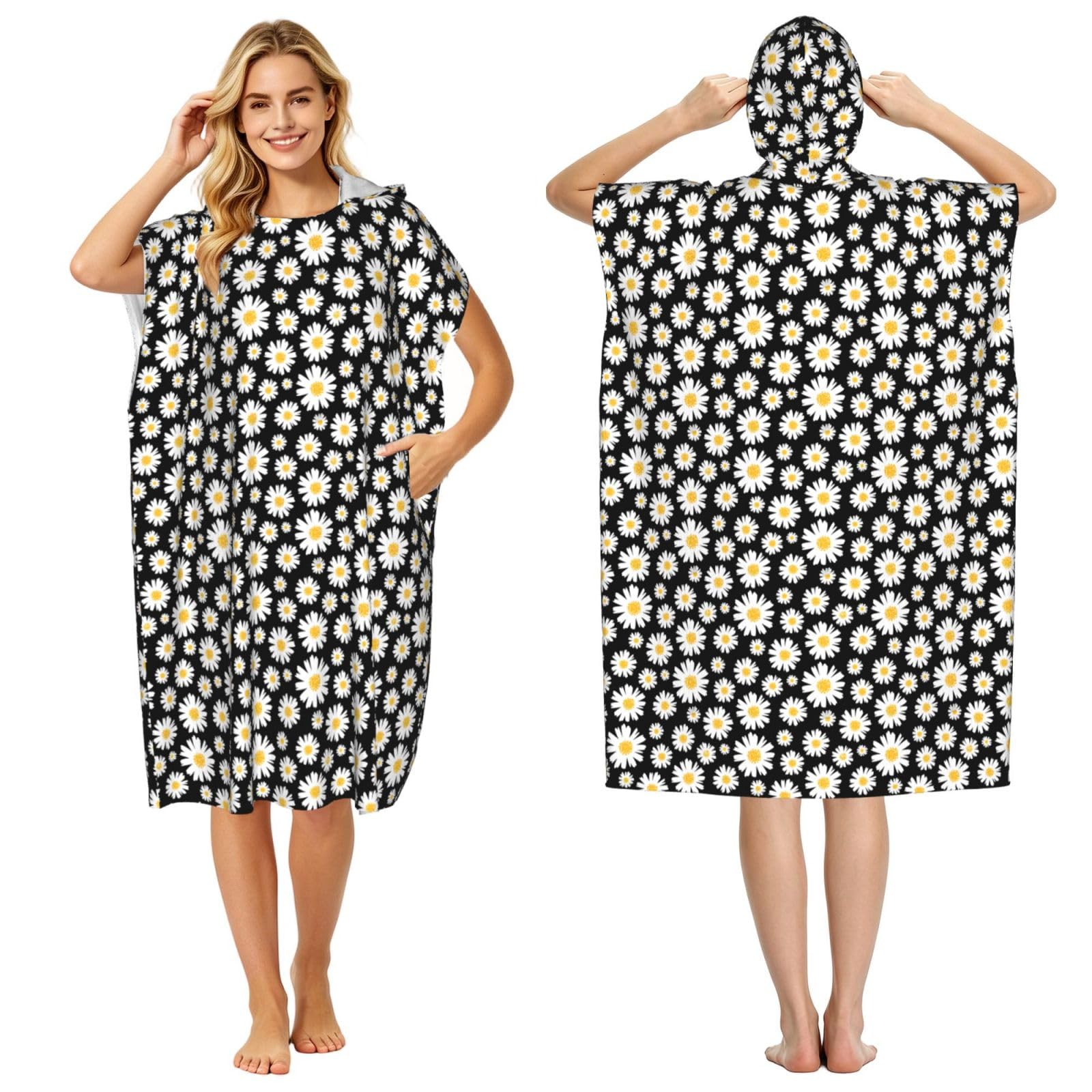 Poadnly Daisy Florals, Adult Hooded Beach Towel 90 x 110 cm,Changing Bath Robe, Surf Poncho Towel For Women Men