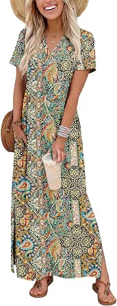 OFEFAN Summer Dresses for Women 2026 Maxi Dress Short Sleeve Sundresses with Pockets Beach Vacation Spring Outfits
