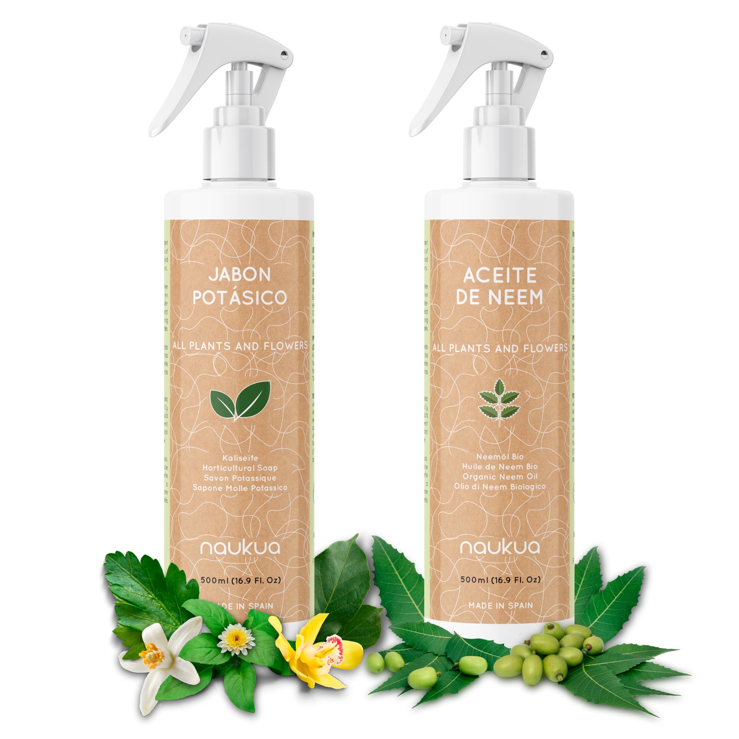 naukua Pack Jabón Potásico más Aceite de Neem Ecológico 100% Natural - Mejora y Activa Las defensas Naturales de Las Plantas de Interior y Exterior - Actúa de Manera rápida y eficaz - 500ml Cada uno