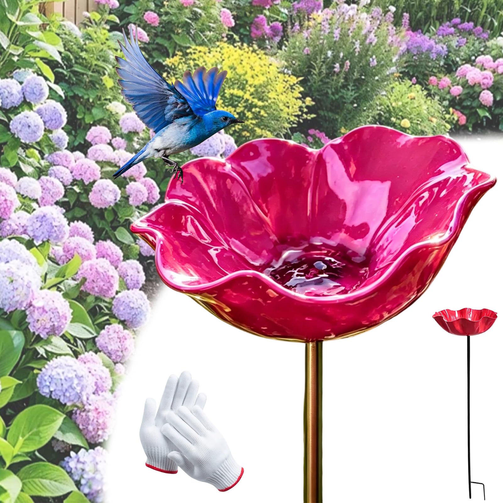 2026 Handmade Metal Flower Garden Stake, Upgraded Metal Flower Garden Stake Bird Feeder With Auxiliary Ground Spike, Metals Flowers For Garden For Yard Lawn Decor (3, Rose Red)