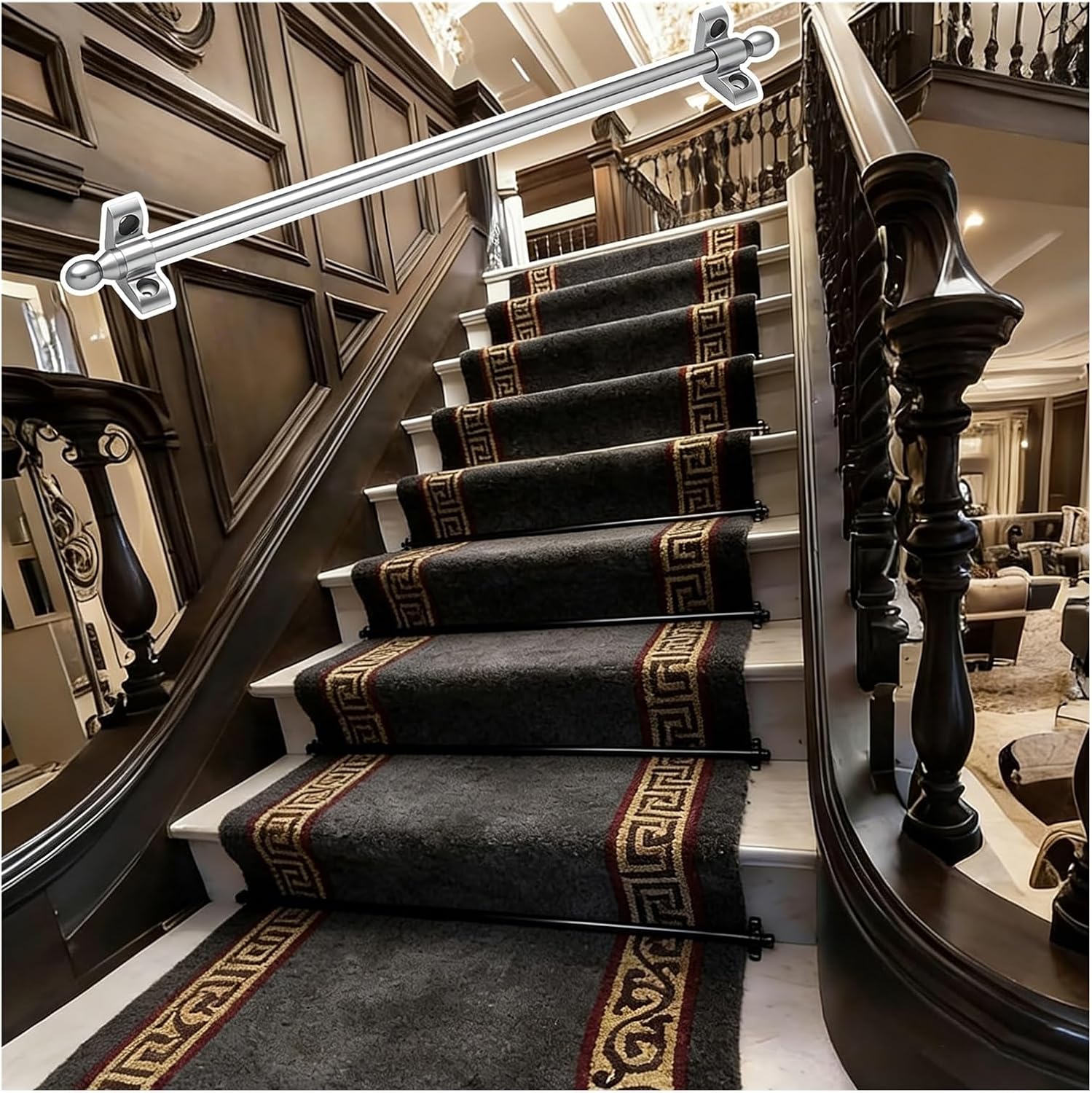 13 Pack Stair Rods for Carpet - Decorative Staircase Rods with Oval Finials & Brackets, Adjustable 20-50 in, Ideal for Home, Hotels, Cinemas, Stylish Carpet Solutions,Silver,46in(117cm)