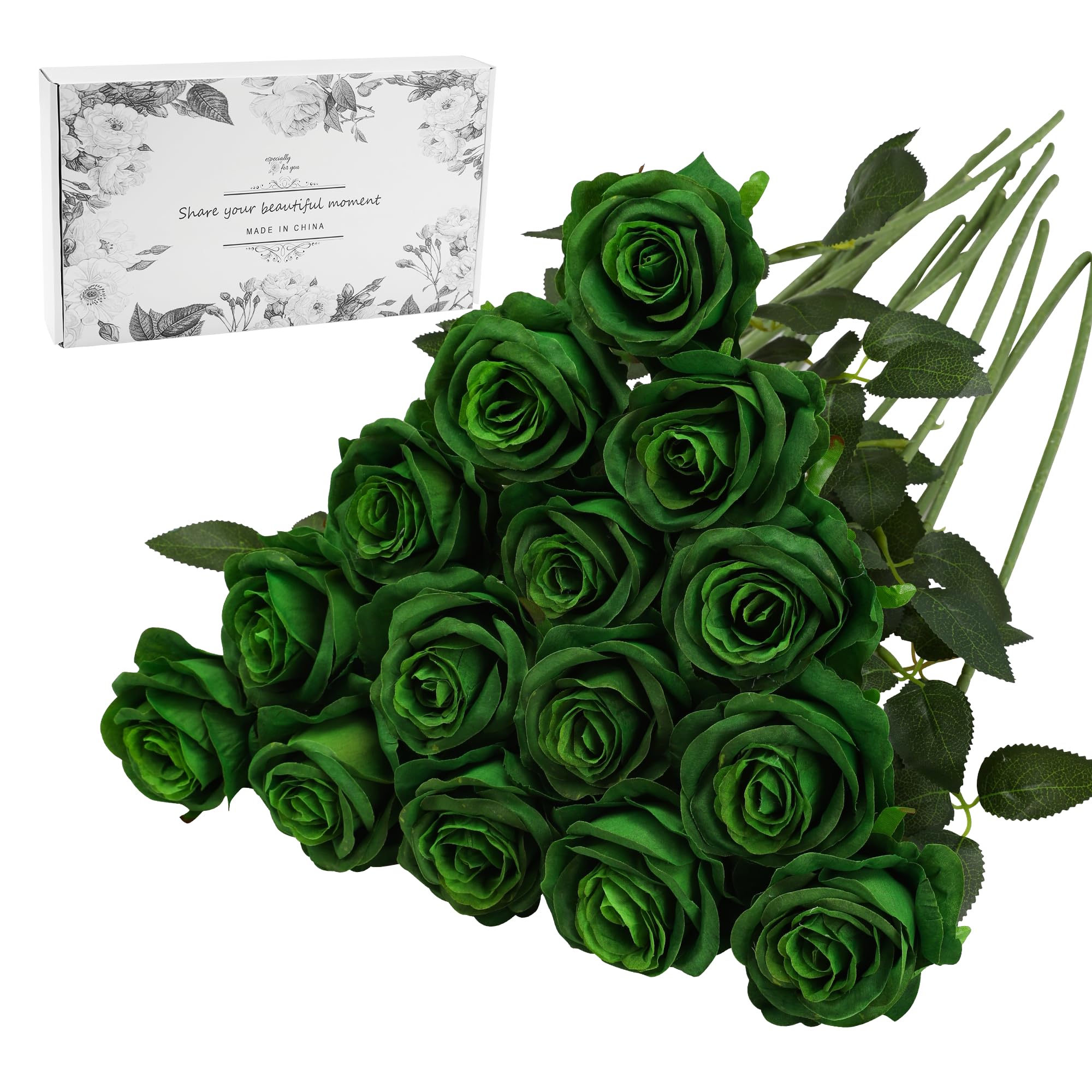Tifuly Green Fake Roses Artificial Flowers - 16 Pcs Fake Artificial Vintage Green Roses Silk Flowers with Stems for Home Wedding Hotel Office Centerpiece Decor — image 1