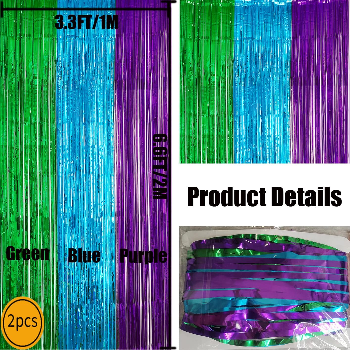 2 Pack 3.3ft×6.6ft Green Blue Purple Tinsel Foil Fringe Under the Sea Ocean Backdrop Door Streamers Baby Shower Bachelorette Birthday Graduation Mermaid Video Game New Year Party Decorations