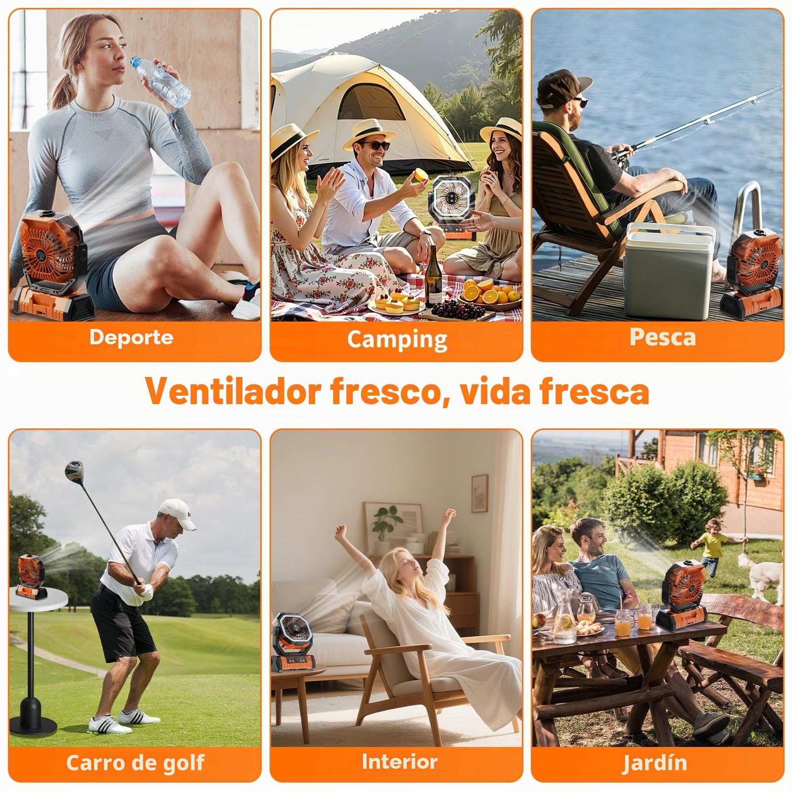 Ventilador Camping 20000mAh con Mando, Ventilador Portátil Recargable con Inclinación Manual 270° y Oscilación Auto 45°/90°, 4 Velocidades, 3 Luces LED, para Interior, Campaña, Playa (Naranja)