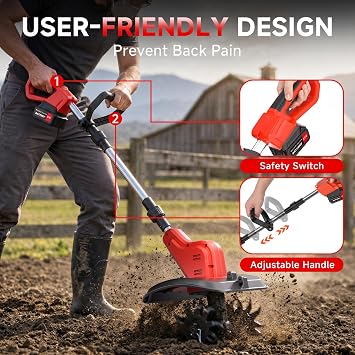 21V Cordless Tiller for Gardening, 120Mins Runtime Rototiller, 11.8 Width 6.6 Depth Garden Tiller with 2x4.0Ah Batteries, 360RPM Electric Cultivator for Lawn/Soil/Cultivation/Garden