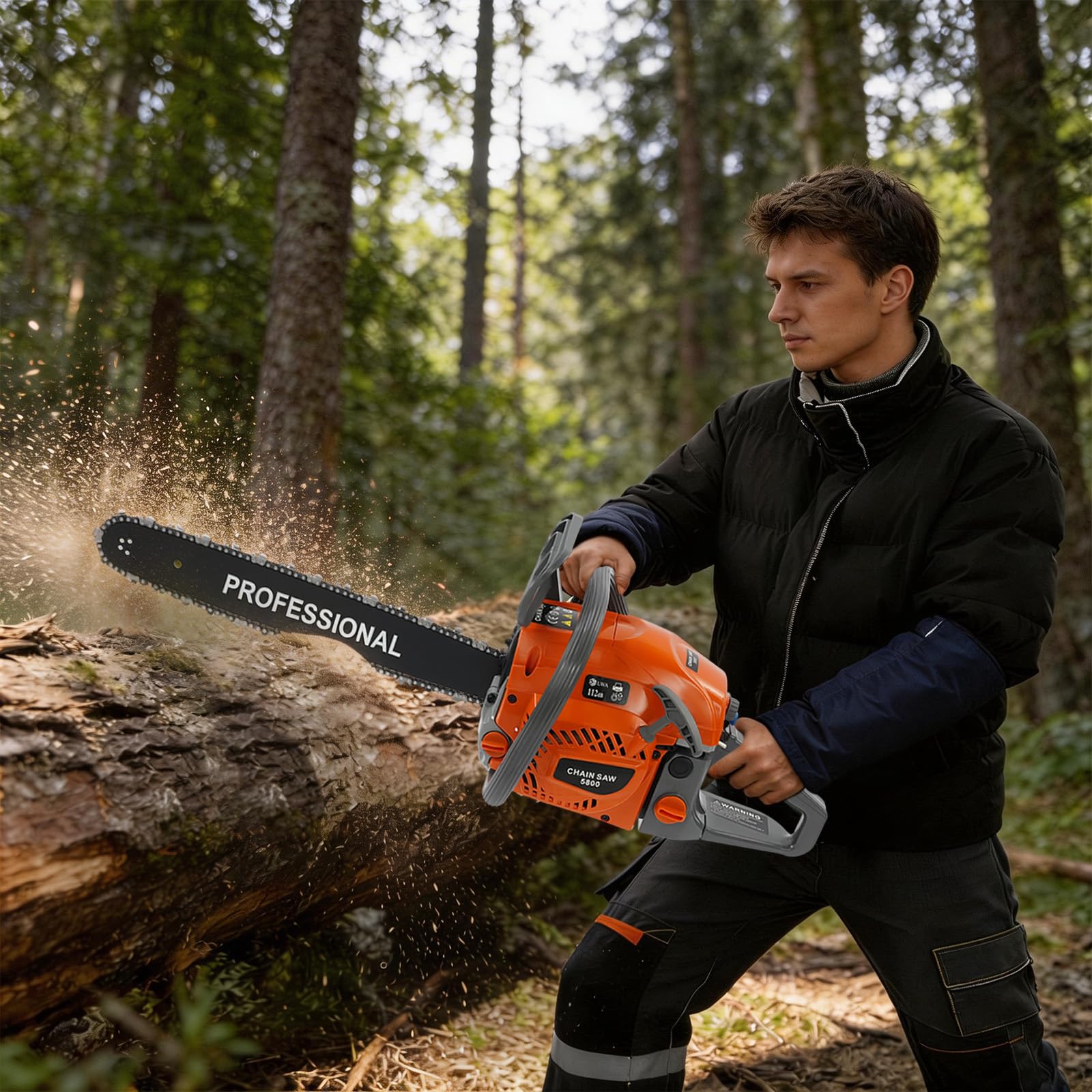 Piła łańcuchowa spalinowa 58 cm³, miecz 20", silnik 2-suwowy, redukcja wibracji, automatyczne smarowanie łańcucha, do pielęgnacji ogrodu, drewna opałowego i cięcia drzew, w tym funkcje bezpieczeństwa
