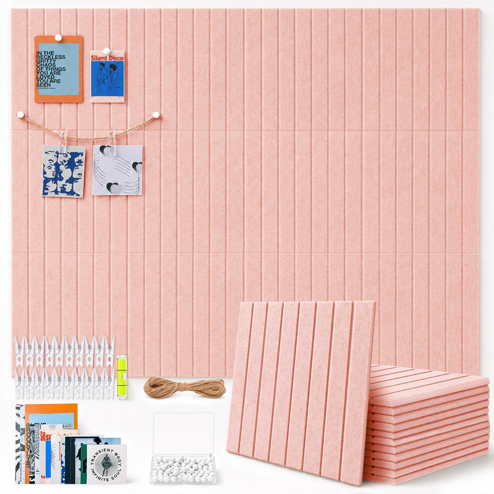 TruuNotion 12 Pcs Felt Pin Board Self Adhesive, 48 x 36inch Notice Board Tiles 0.9cm Thick Vision Board with 96 Nano Pads, 100 Push Pins, Clips, Cork Board Alternative for Office, Kitchen, Home (Pink)