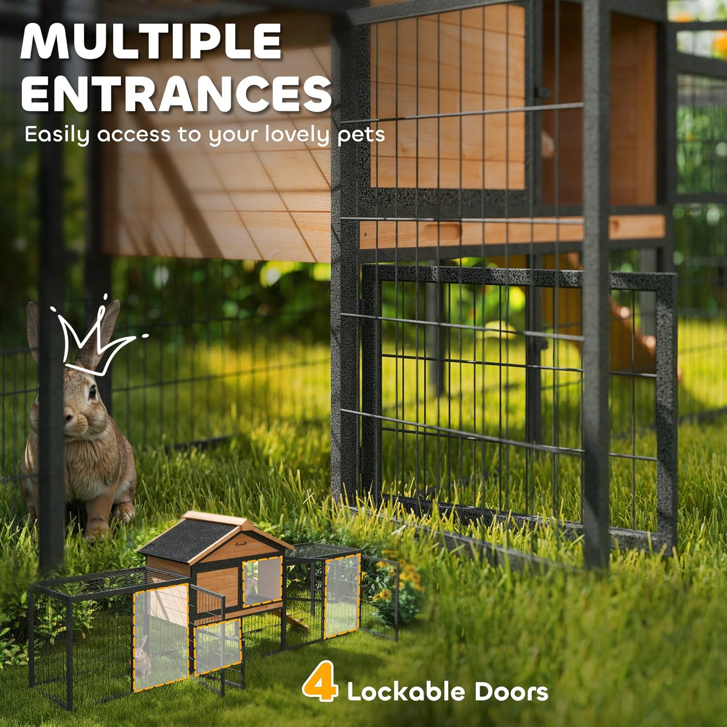 PawHut Rabbit Hutch Outdoor, 85" Large Wooden Bunny Cage with Steel Run, Removable Tray, Waterproof Roof, Ramp, Metal Guinea Pig Cage for 2-3 Small Animals, Rabbits, Chickens, Ducks, Backyard Garden