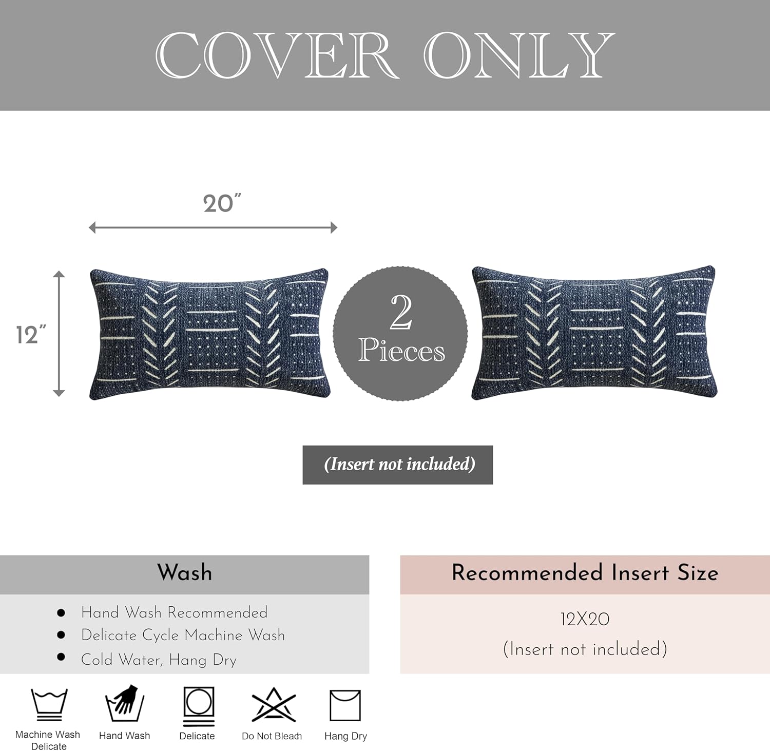 BlissBlush Decorative Lumbar Pillow Covers 12x20 Set of 2, Boho Blue Chenille Accent Rectangular Throw Pillow Covers for Couch Sofa Living Room Home Décor (Cover Only)