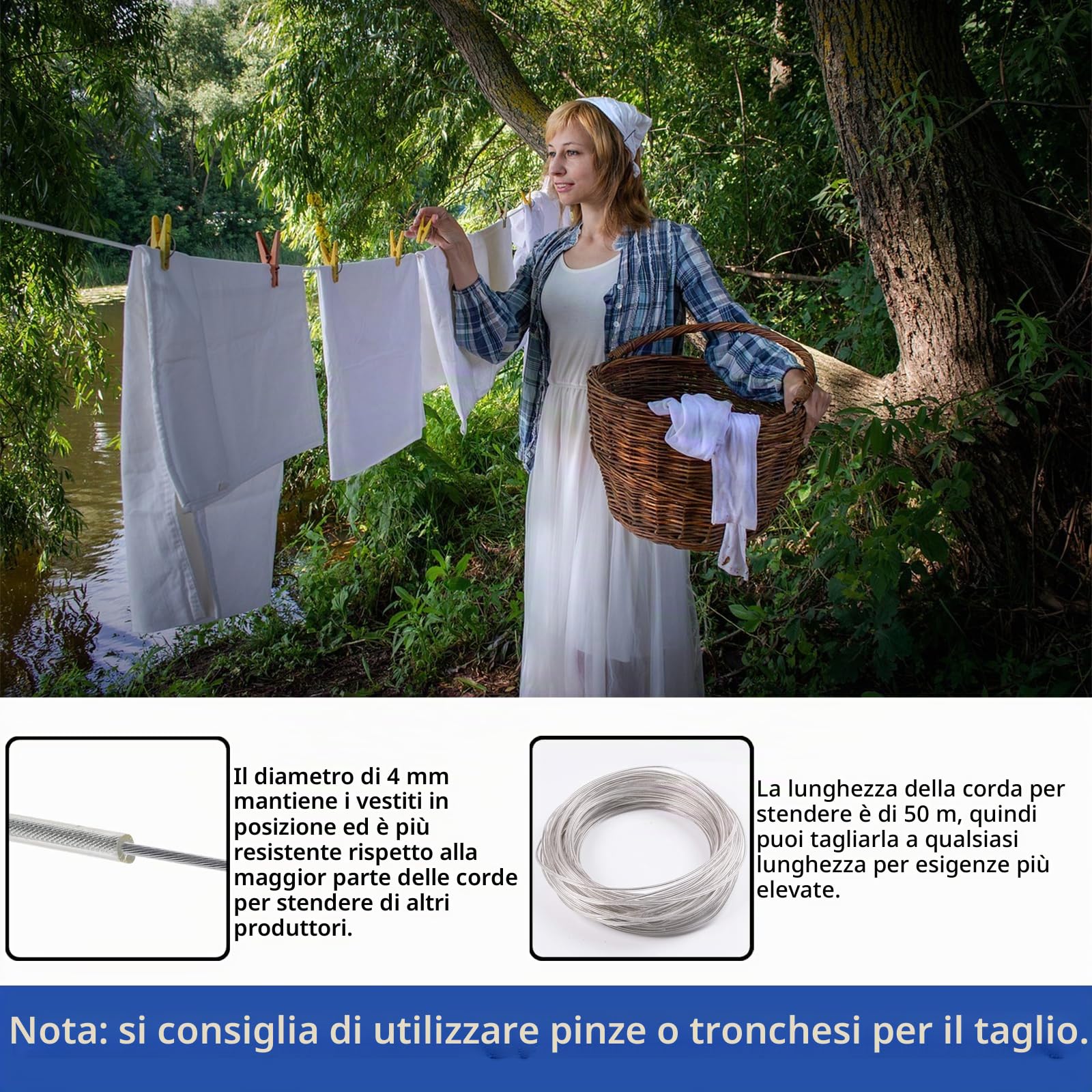 50m Filo per bucato con anima in acciaio, 4 mm, extra forte, resistente alla ruggine e alla corrosione, adatto per uso esterno, capacità 200 kg (Trasparente)