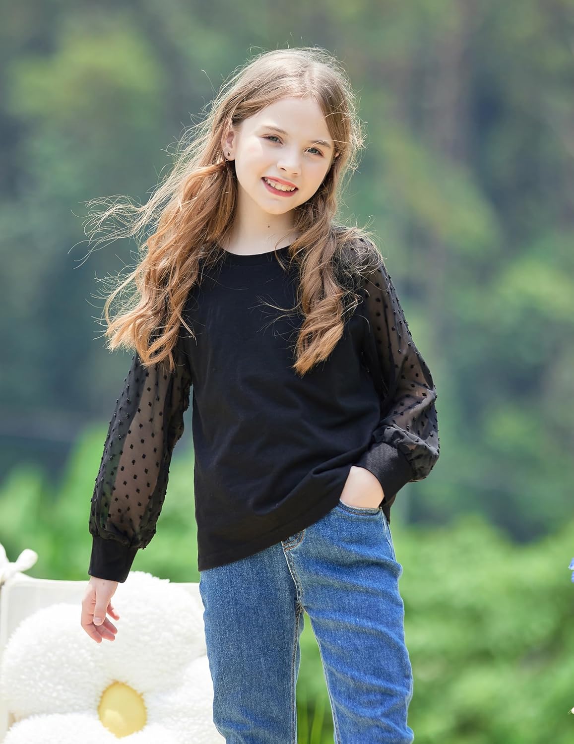 Yekaty Girls Shirts Casual Solid Color Crewneck Blouses Soft Long Sleeve Swiss Dots Chiffon Tops - Image 2