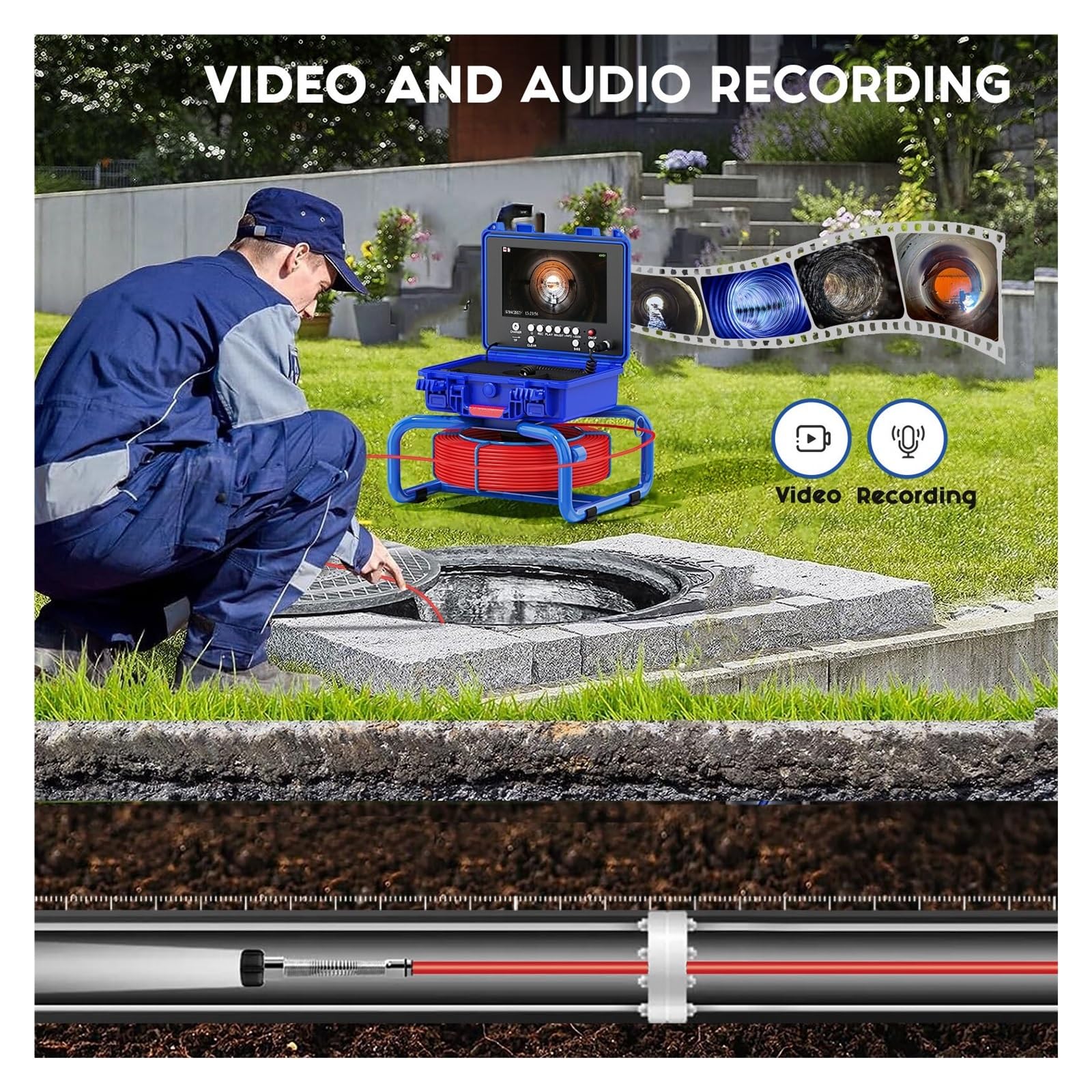 Kamera inspekcyjna odpływu 9'' DVR Kamera Inspekcyjna Do Rur Kanalizacyjnych Z Lokalizatorem 512HZ Licznik Mierników Samopoziomujący 1080P Rurociąg Odpływ Przemysłowy Endoskop(10m,Meter Counter NO 512
