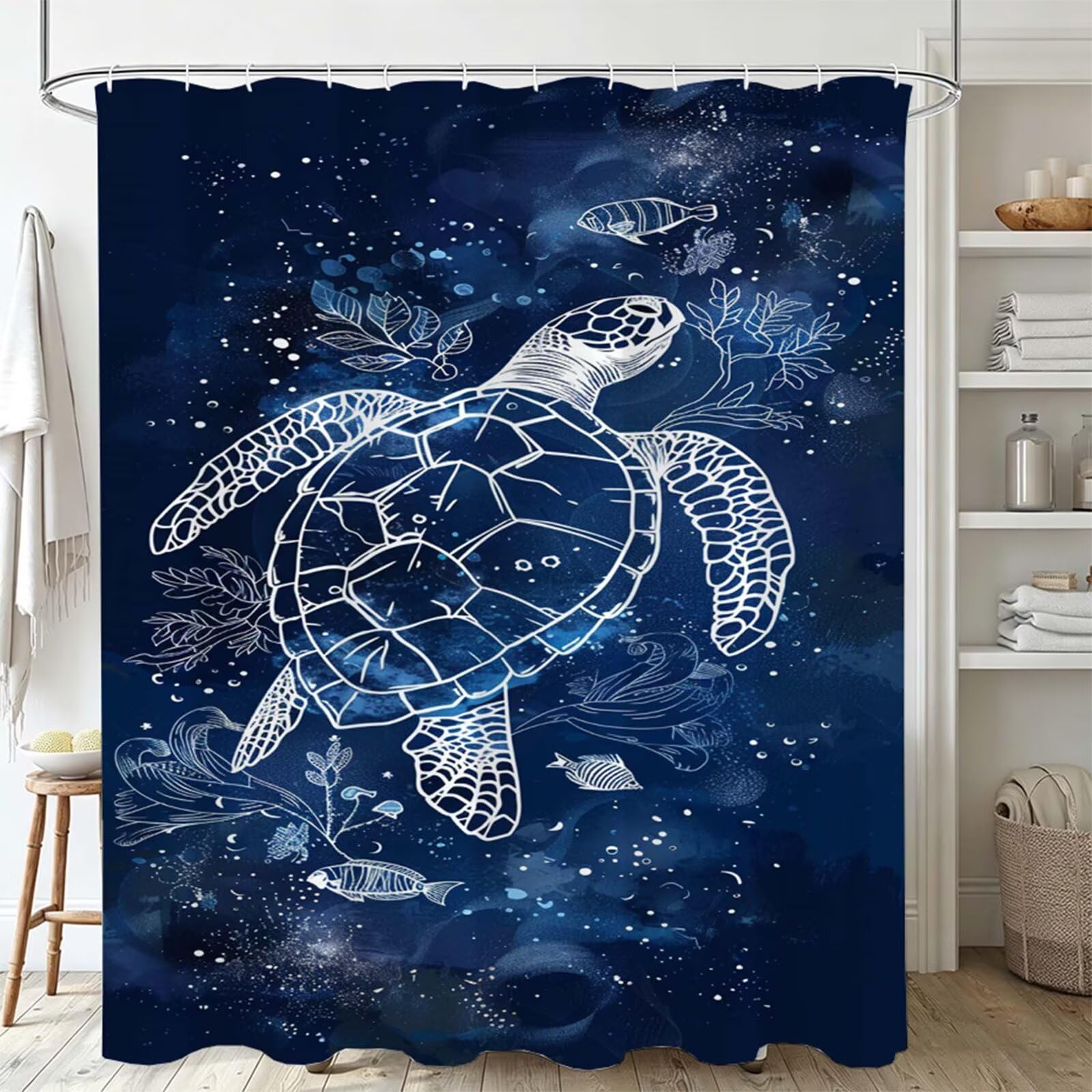 Duschvorhang Marineblau, Polyester Stoff aus Textil – Wasserdicht – Waschbar – Inkl 12 Ringe – Badewannenvorhang für Dusche & Badewanne, Shower Curtains 200x250cm Meeresschildkröte J-763