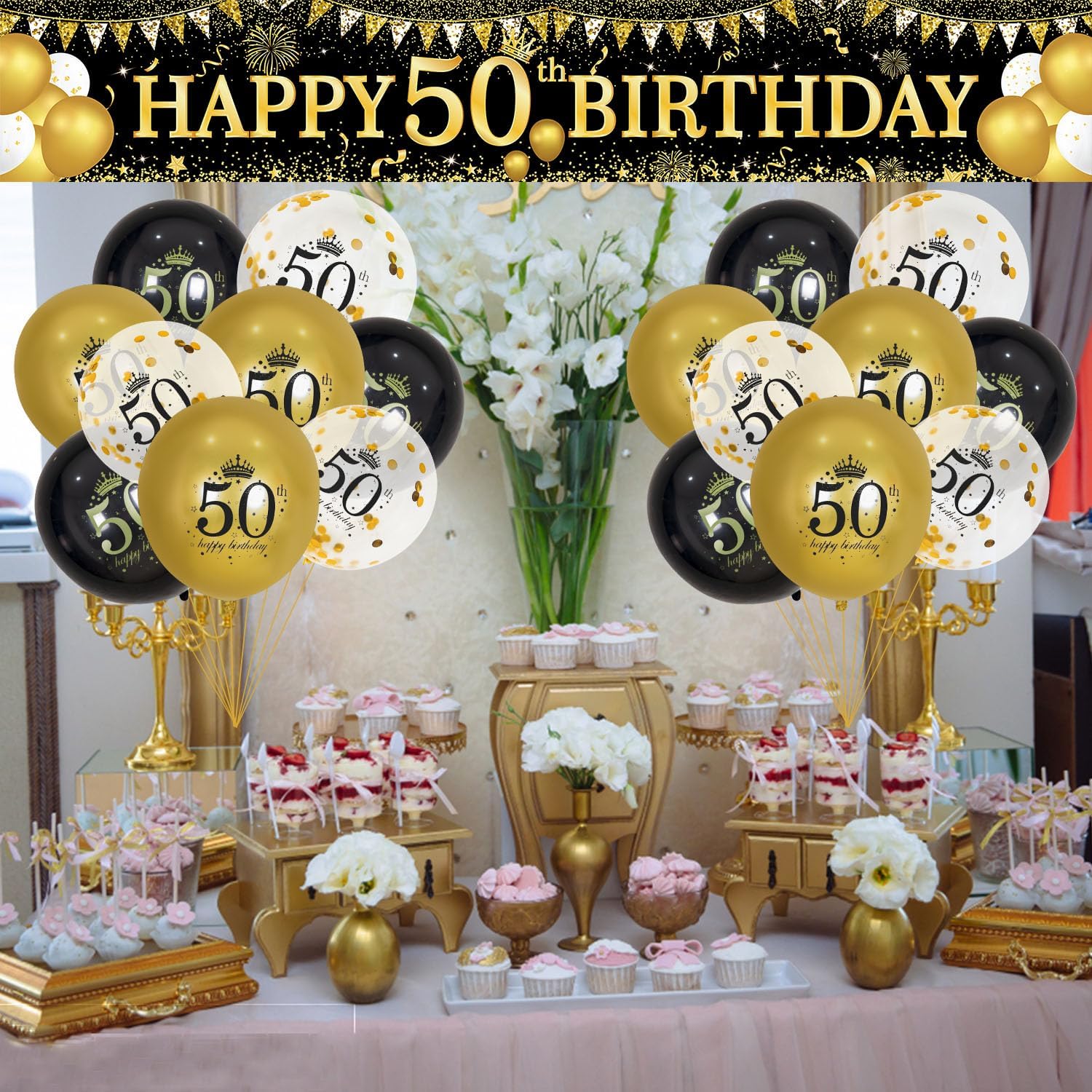50th Birthday Decorations - Black Gold 50th Birthday Banner and Balloons for Indoor/Outdoor Parties - Image 5
