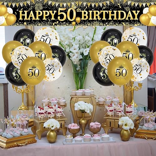 Miniatura 5 de Decoraciones de cumpleaños 50 - Cartel de cumpleaños 50 en negro y dorado y globos para fiestas en interioresexteriores